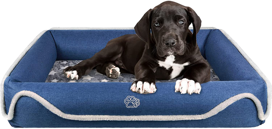 EMPSIGN Bolster 2-In-1 Dog Bed, Pet Bed with Reversible Inner Pad (Warm & Cool), Washable Bed Water Repellent Removable Covers, Waterproof Non-Skid Bottom & High Density Foam, Blue & Grey, Star Print Animals & Pet Supplies > Pet Supplies > Dog Supplies > Dog Beds EMPSIGN M (34”x26”x6.5”)  