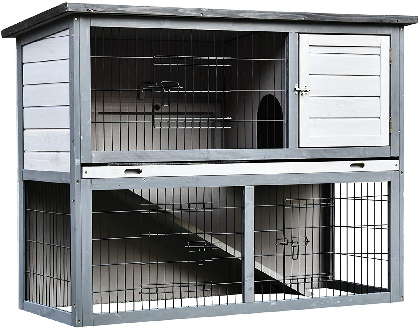 Pawhut Wooden Rabbit Hutch Pet Playpen 4 Door House Enclosure with Ramp, for Rabbits and Small Animals, Grey