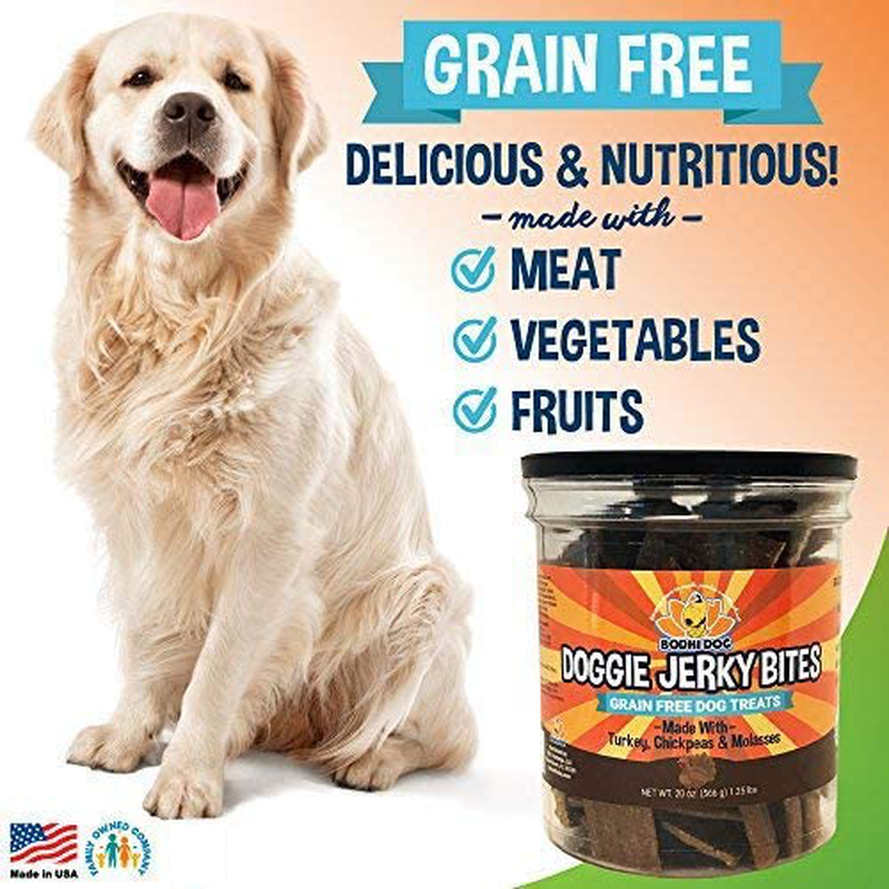 Premium Healthy Dog Jerky Treats | Grain Free Turkey or Salmon Dog Treat Bites | Natural Snack Made with Sweet Potatoes, Chickpeas & Cane Molasses | No Corn, Wheat or Soy | Made in USA Animals & Pet Supplies > Pet Supplies > Small Animal Supplies > Small Animal Treats Bodhi Dog   