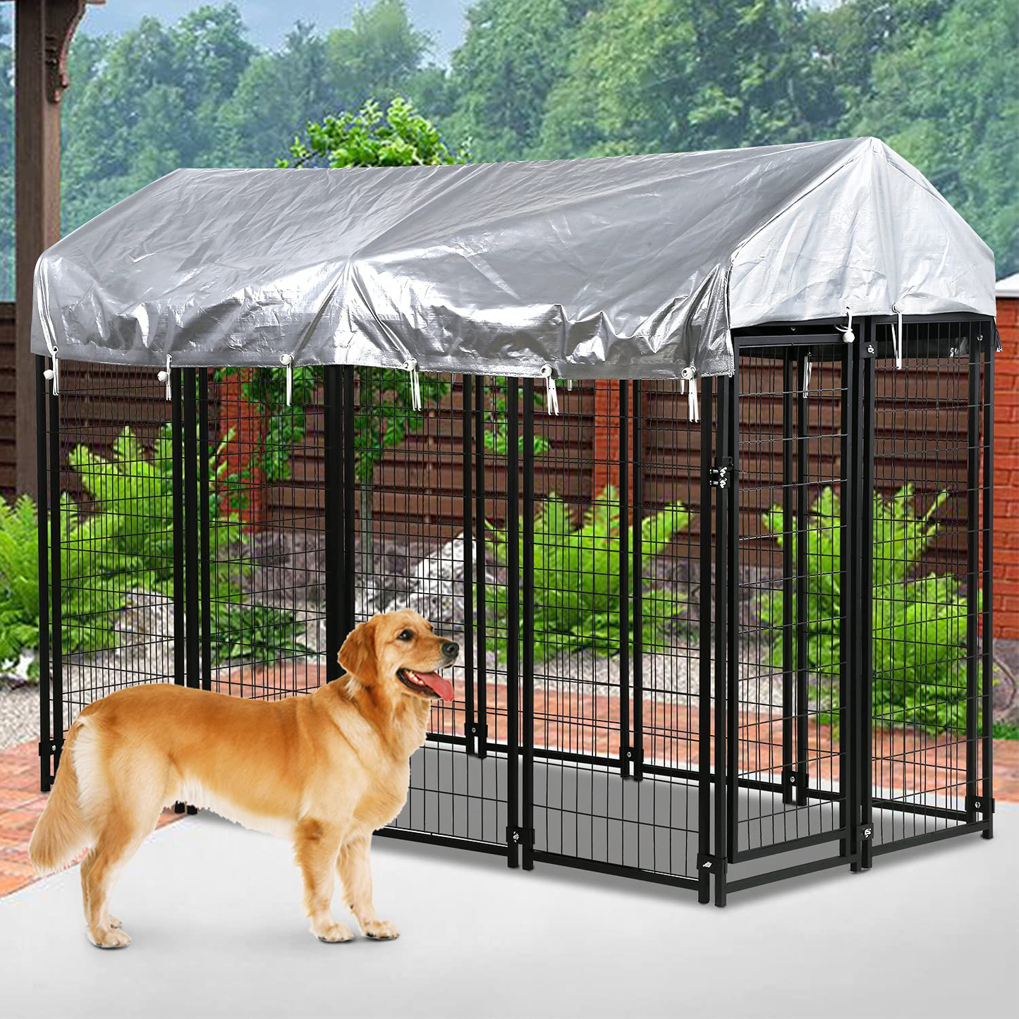 Heavy Duty Dog Crate Cage Kennel,Large Outdoor Waterproof Dog Yard Kennel Pet Playpen House,8' X 4' X 6' Wire Metal Pet Play Pen Crates Cage Fence W/ UV Protection Shade Cover & Roof & Secure Lock