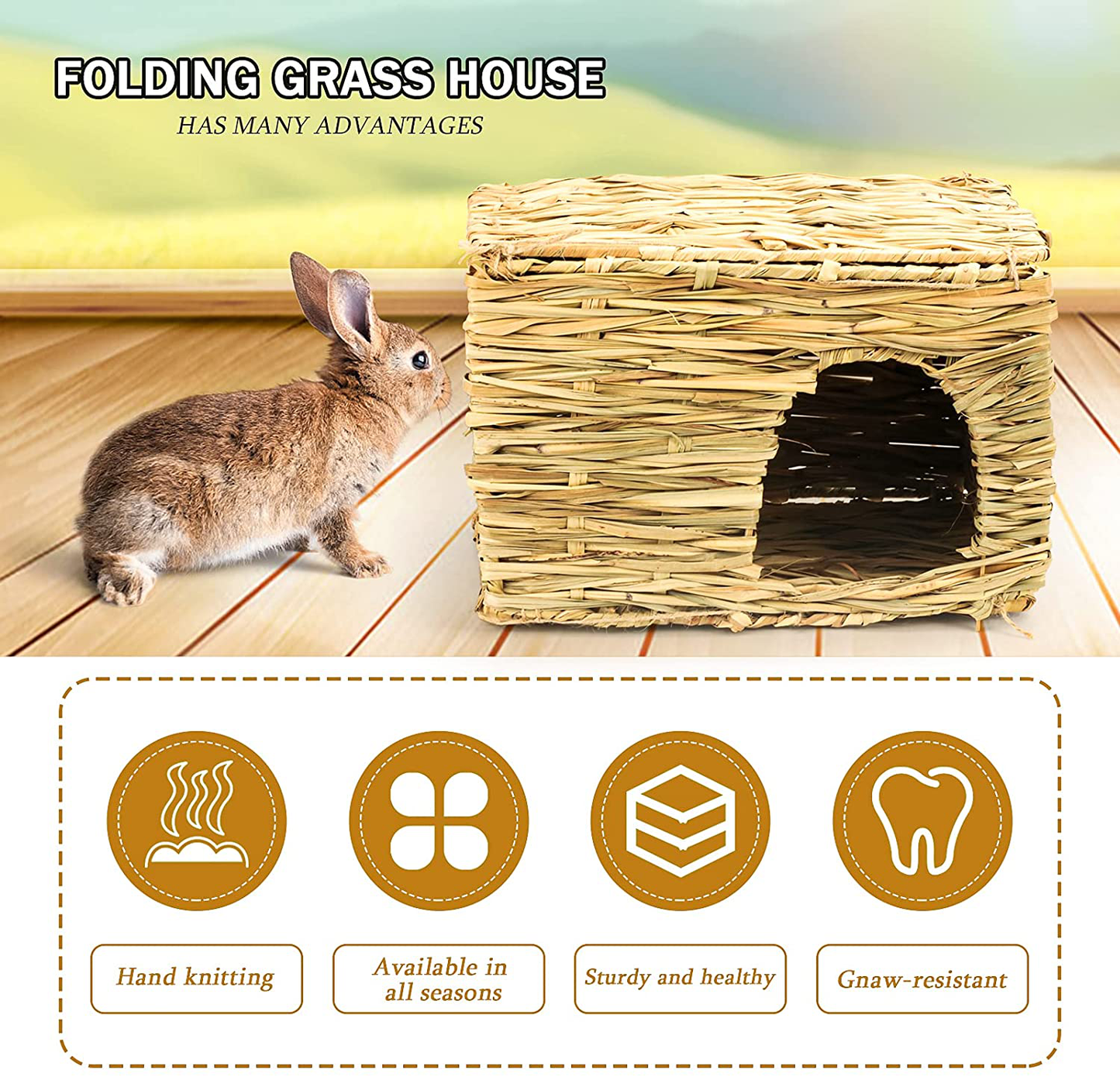 NC Rabbit Grass House, Hand Weave Bunny Hideout Natural Small Animals Habitats Foldable Grass Hut with Hamster Chew Toys Guinea Pig Pads for Bunny Chinchilla and Other Small Animals Play Animals & Pet Supplies > Pet Supplies > Small Animal Supplies > Small Animal Habitats & Cages N\C   