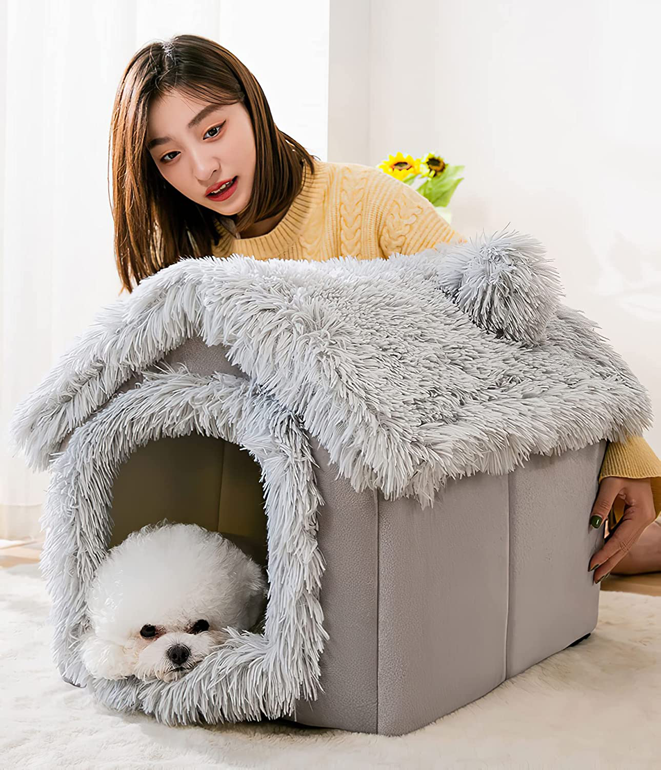 Indoor Dog House Warm Dog House Soft Pet Bed Tent House Modeling Dog Kennel Cat Bed with Removable Cushion Suitable for Small and Medium-Sized Dogs and Cats Universal in All Four Seasons