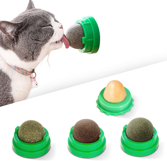Potaroma 4 Pack Catnip Ball Toys, 3 Silvervine Catnip Toys and 1 Cat Sugar for Cats Lick, Edible and Natural Catmint Chew Toys, Rotatable Cat Treat Ball Toys for Kitten Teeth Cleaning