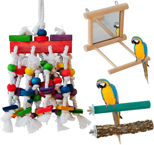 VECELA Parrot Toys, Bird Parrot Toys Set - Parrot Chewing Toys Knots Blocks, Parrot Mirror, Bird Perches - Bird Cage Toys for Budgies, Parakeets, Cockatiels, Conures, Lovebirds, Small or Medium Birds Animals & Pet Supplies > Pet Supplies > Bird Supplies > Bird Ladders & Perches VECELA   