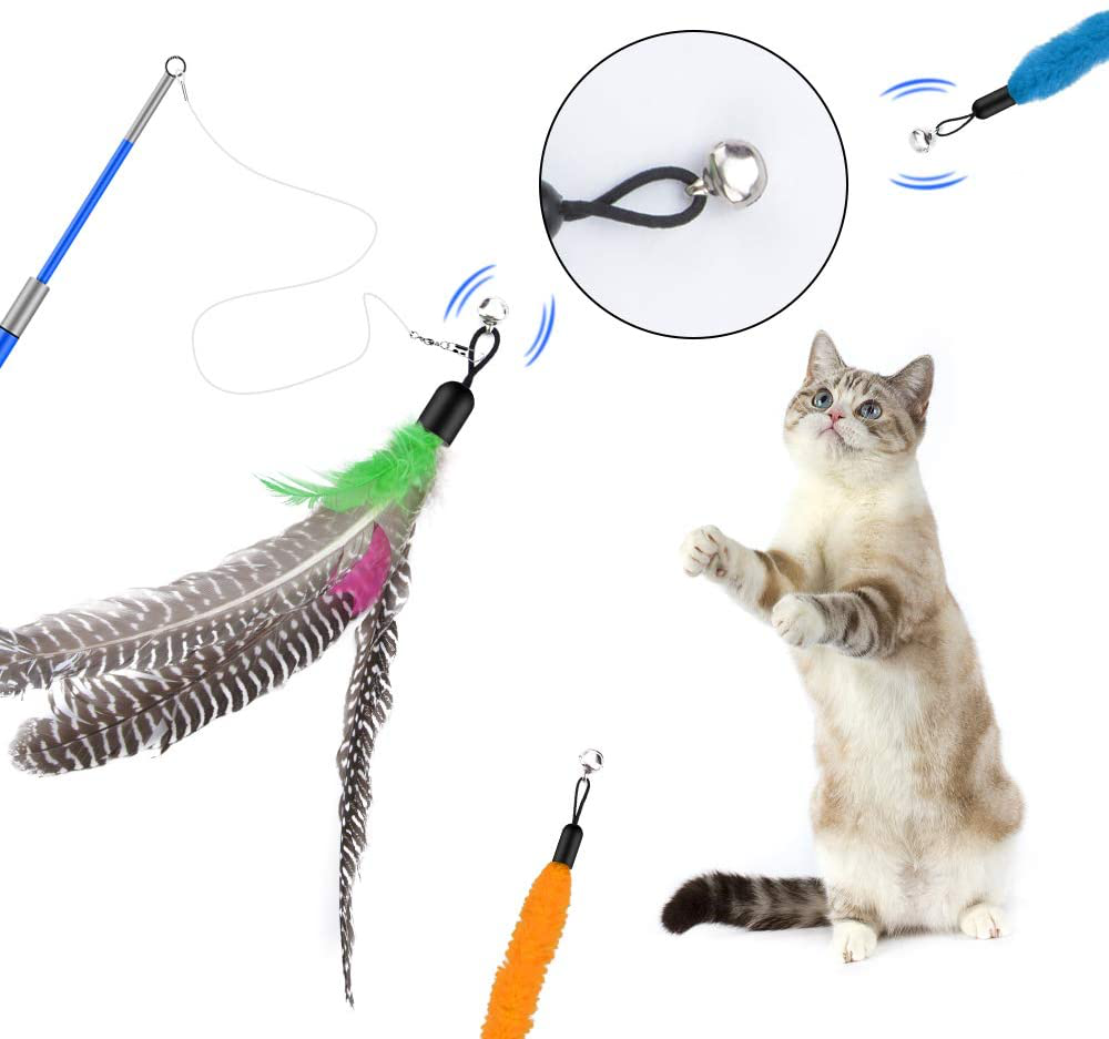 Qoosea Cat Feather Toys, 2PCS Retractable Cat Wand Toy and 13PCS Replacement Teaser with Bell Refills, Interactive Cat Wand for Kitten Cat Having Fun Playing