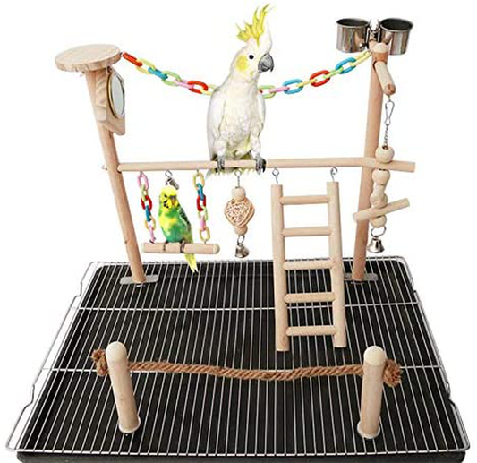 Bird Cage Play Stand Toy Set, Bird Playground Gym Ladder Chewing Toys for Finch, Conure, Parakeets, Budgie, Cockatiels, Lovebirds, Natural Wood Perch Cage Toys with Feeder Cups, Pet Exercise Playpen Animals & Pet Supplies > Pet Supplies > Bird Supplies > Bird Gyms & Playstands Zakynuye   