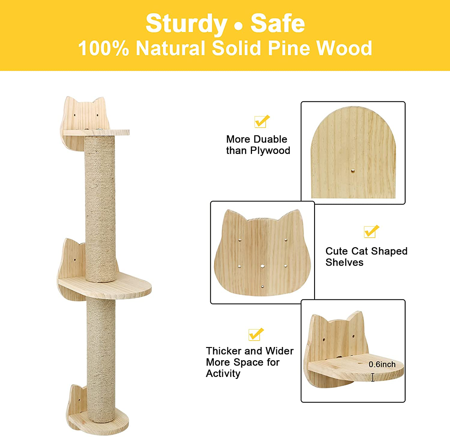 Wall Mounted Cat Scratching Post - Sisal Cat Scratcher Solid Wood Cat Wall Shelves Steps Cat Furniture for Indoor Large Cats Kittens, 38 Inch Tall Cat Ladder Post Tree in Mutil- Assembly Ways Animals & Pet Supplies > Pet Supplies > Cat Supplies > Cat Furniture ALE POMOS   