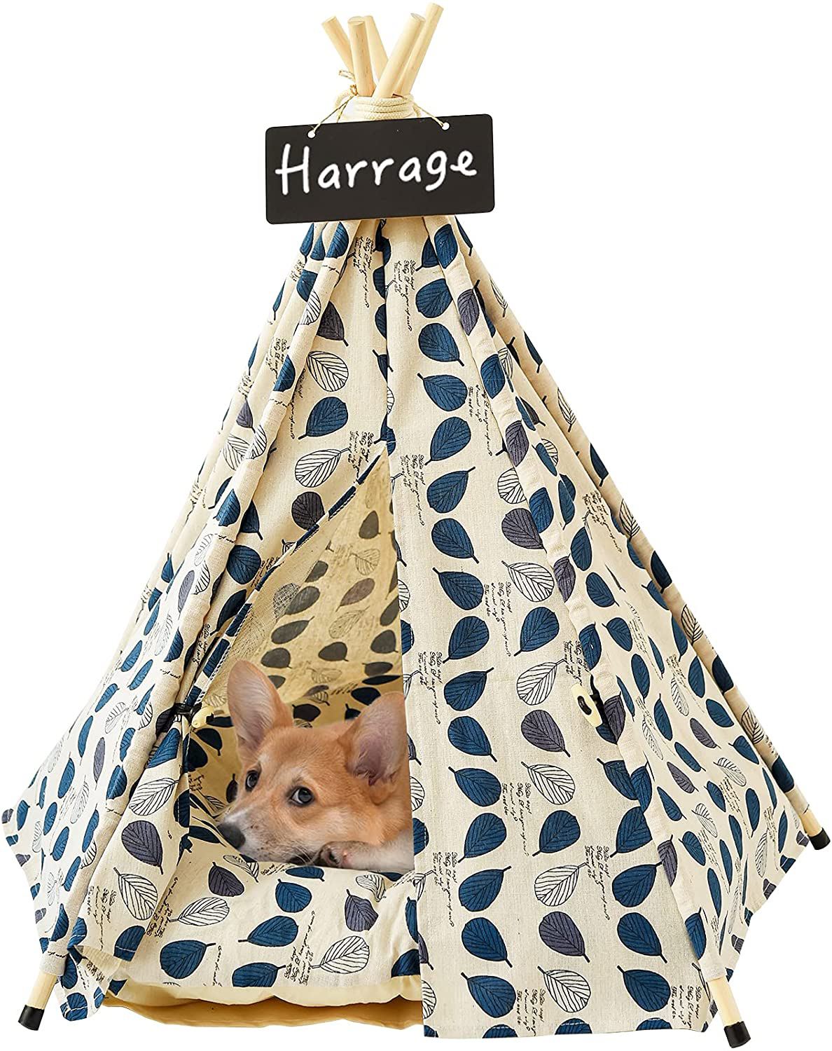 Harrage Folding Indoor Dogs House, Portable Pet Teepee Dog & Cat Tents, 24Inch Small Dog & Cat Cute Puppy House with Cushion Bed Animals & Pet Supplies > Pet Supplies > Dog Supplies > Dog Houses Harrage Blue Leaf  