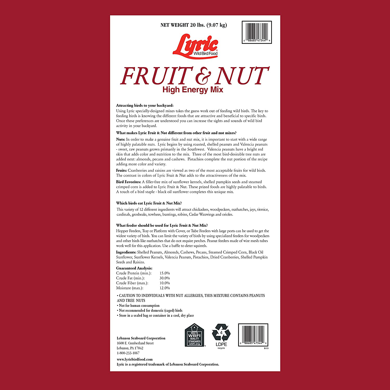 Lyric 2647417 Fruit & Nut High Energy Wild Bird Food, 20 Lb Animals & Pet Supplies > Pet Supplies > Bird Supplies > Bird Food Lyric   