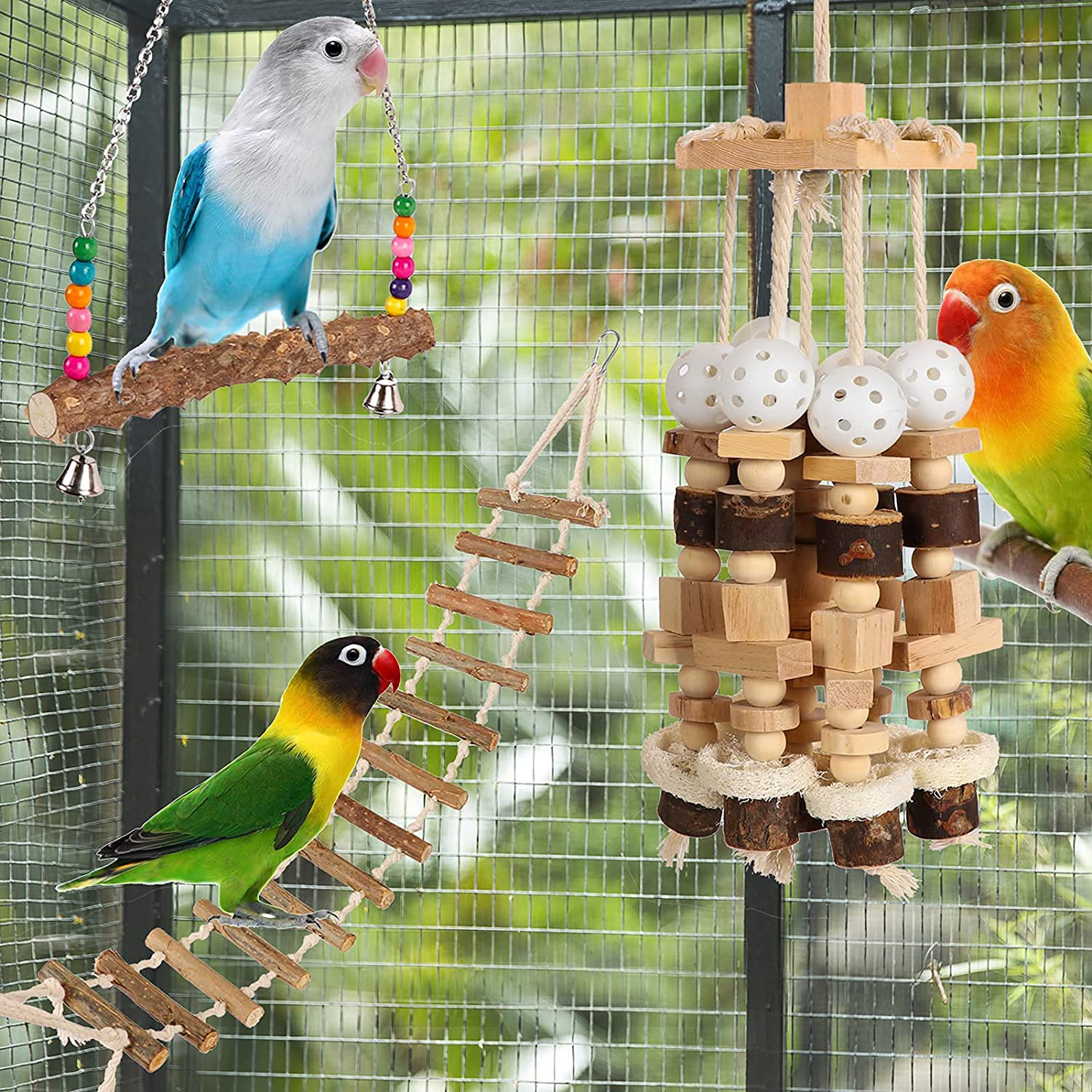 Large Bird Parrot Toys, 3 PCS Natural Wood Block Bird Chewing Toys with Ladder Swing Stand for African Grey Cockatoos Amazon Parrots Large Medium Birds Animals & Pet Supplies > Pet Supplies > Bird Supplies > Bird Cage Accessories LifeIdeas   