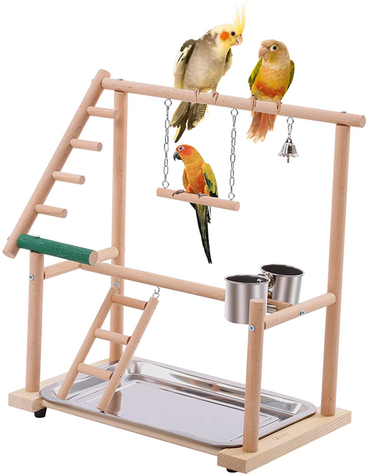 QBLEEV Bird Play Stand Parrots Playground Wooden Stick Perch，Bird Playpen Exercise Gym with Ladder Feeder Cup Bell Swing，Parrot Play Climb Gym for Parakeet Cockatiel Conure(Include a Tray)