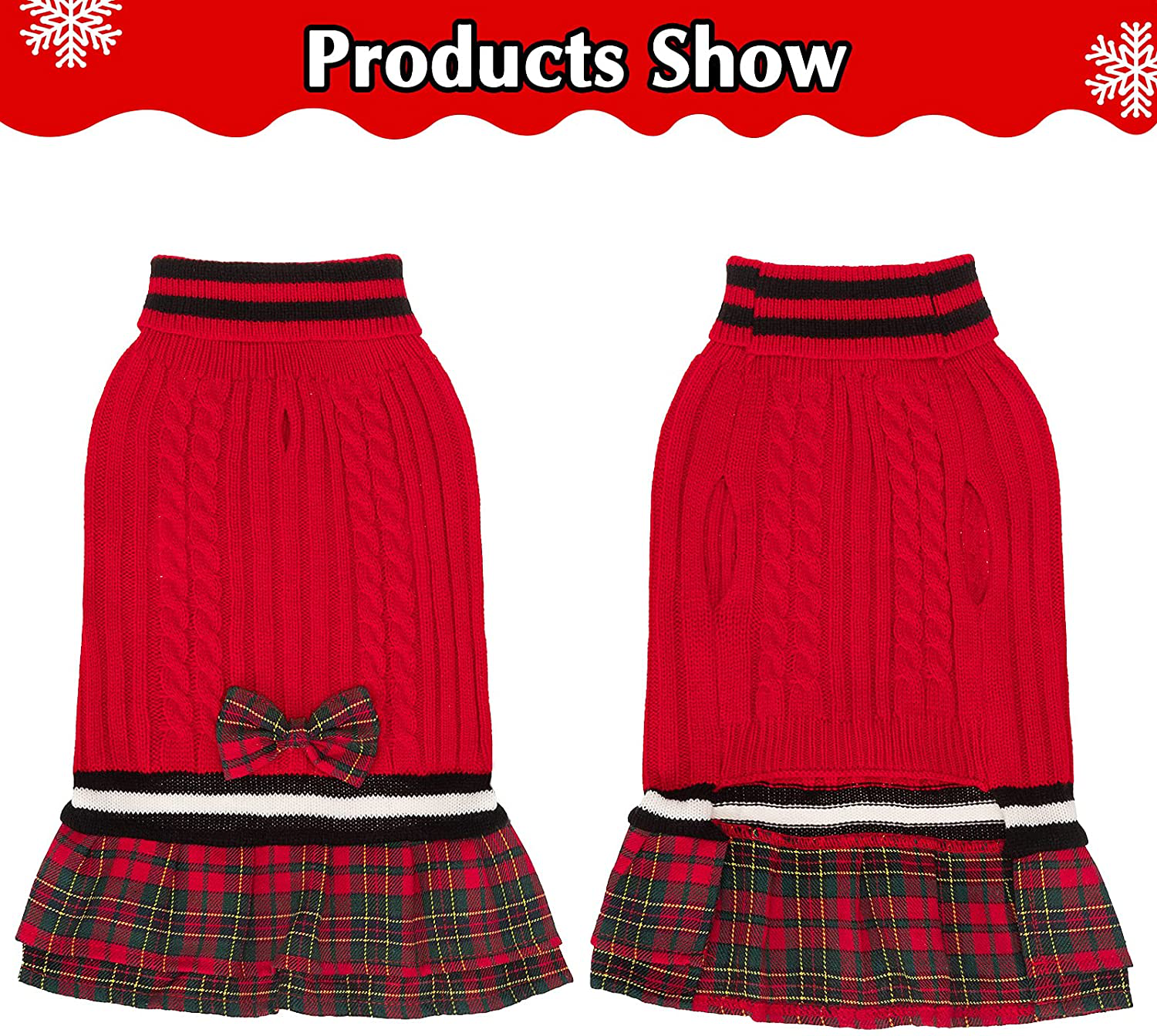 Dog Sweater Dress Plaid Dress with Bowtie - Dog Turtleneck Pullover Knitwear Cold Weather Sweater with Leash Hole, Suitable for Small Medium Dogs Puppies Animals & Pet Supplies > Pet Supplies > Dog Supplies > Dog Apparel PAWCHIE   