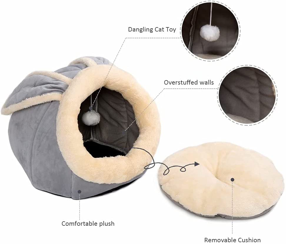 Cat Beds for Indoor Cats - Small Dog Bed with Anti-Slip Bottom, Rabbit-Shaped Cat/Small Dog Cave with Hanging Toy, Puppy Bed with Removable Cotton Pad, Super Soft Calming Pet Sofa Bed (Grey Large) Animals & Pet Supplies > Pet Supplies > Cat Supplies > Cat Furniture Garlifden   