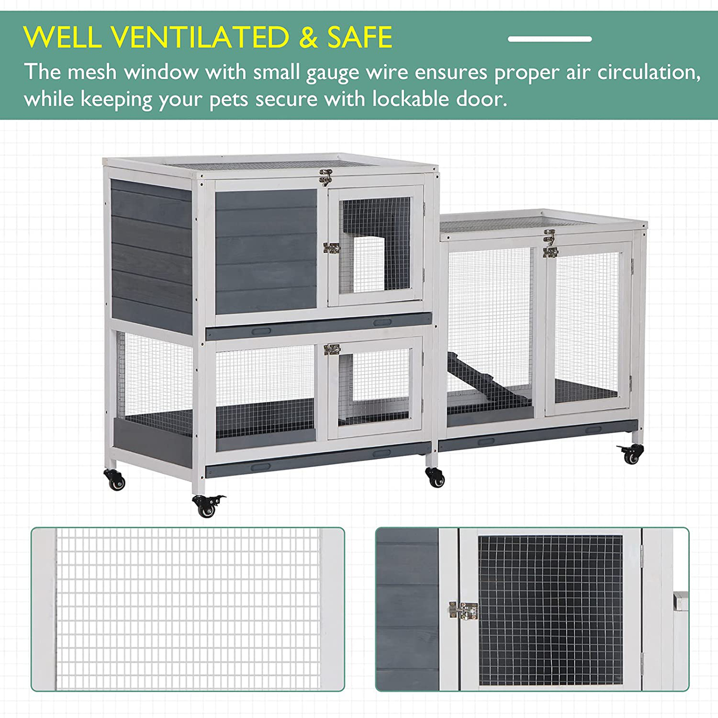 Pawhut Wooden Rabbit Hutch Elevated Pet House Bunny Cage Small Animal Habitat with Slide-Out Tray Lockable Door Openable Top for Indoor 57.75" X 18" X 32.5" Grey Animals & Pet Supplies > Pet Supplies > Small Animal Supplies > Small Animal Habitats & Cages PawHut   