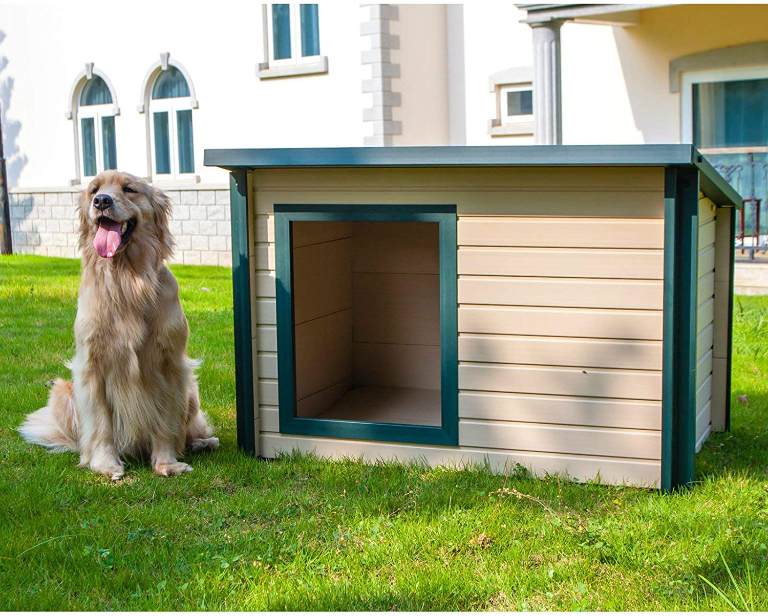 Dog House Outdoor for XL Large & Medium Dogs Lodge Style Pet Puppy outside Shelter Insulated All Weather Doghouse