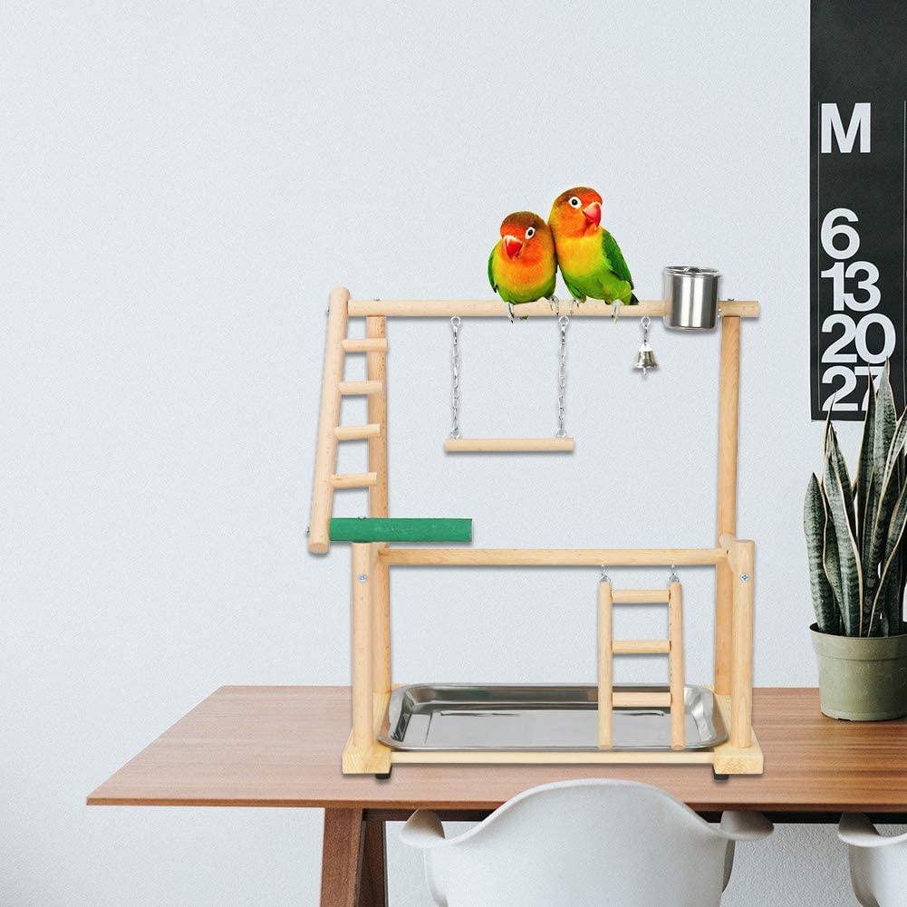 Ibnotuiy Pet Parrot Playstand Double Layer Parrots Bird Playground Bird Play Stand Wood Perch Gym Playpen Ladder with Feeder Cups Bells for Cockatiel Parakeet (Include a Tray) Animals & Pet Supplies > Pet Supplies > Bird Supplies > Bird Gyms & Playstands Ibnotuiy   