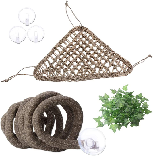AUBBC Bearded Dragon Hammock, 100% Natural Seagrass Triangular Lizard Lounger with Jungle Climber Vines Reptile Leaves Hooks for Geckos, Anoles, Snakes and More (12.5 X16.5 Inch)