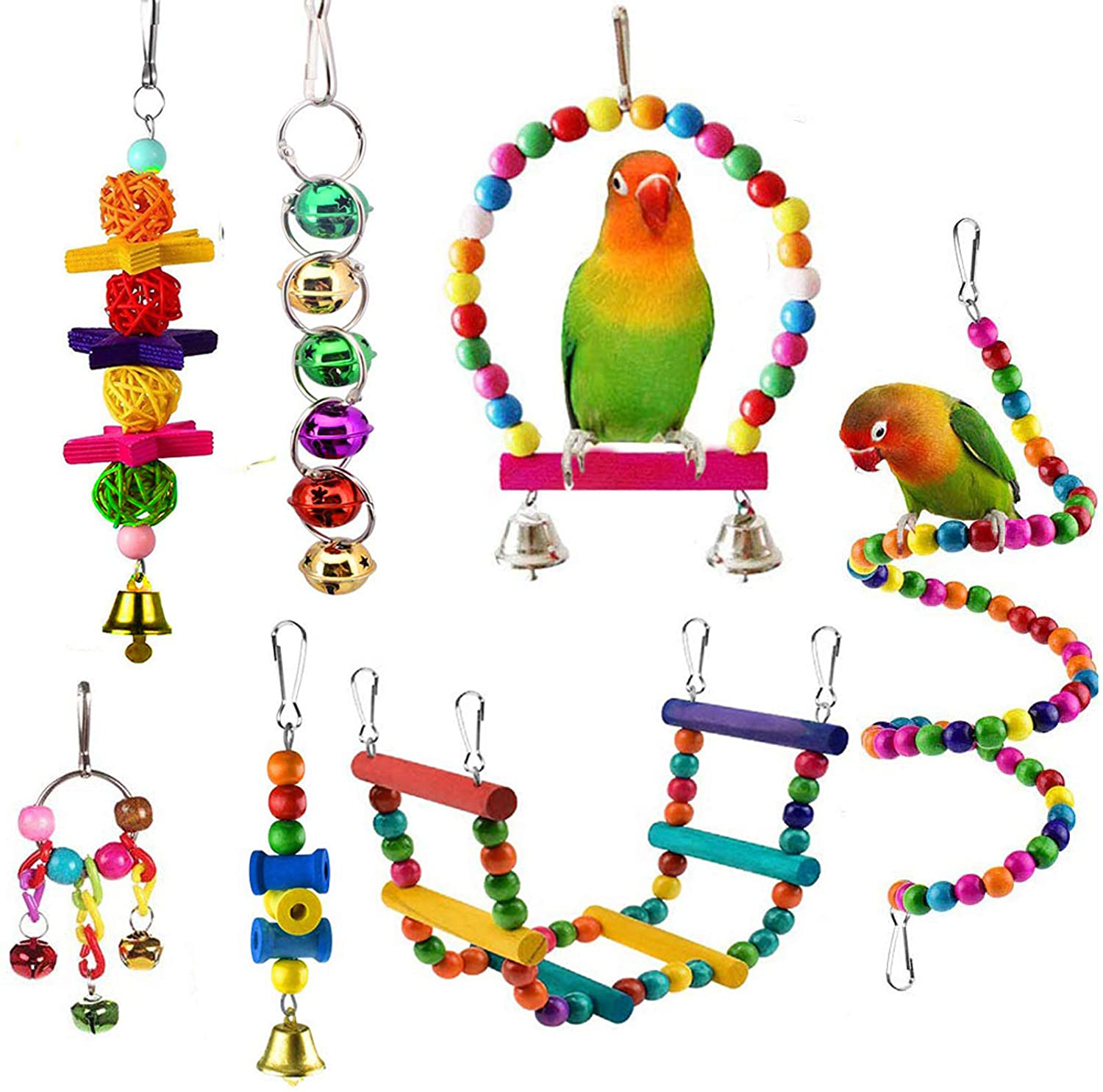 ESRISE 7 Pcs Bird Parakeet Cockatiel Parrot Toys, Hanging Bell Pet Bird Cage Hammock Swing Climbing Ladders Toy Wooden Perch Chewing Toy for Small Parrots, Conures, Love Birds, Finche Animals & Pet Supplies > Pet Supplies > Bird Supplies > Bird Ladders & Perches ESRISE   