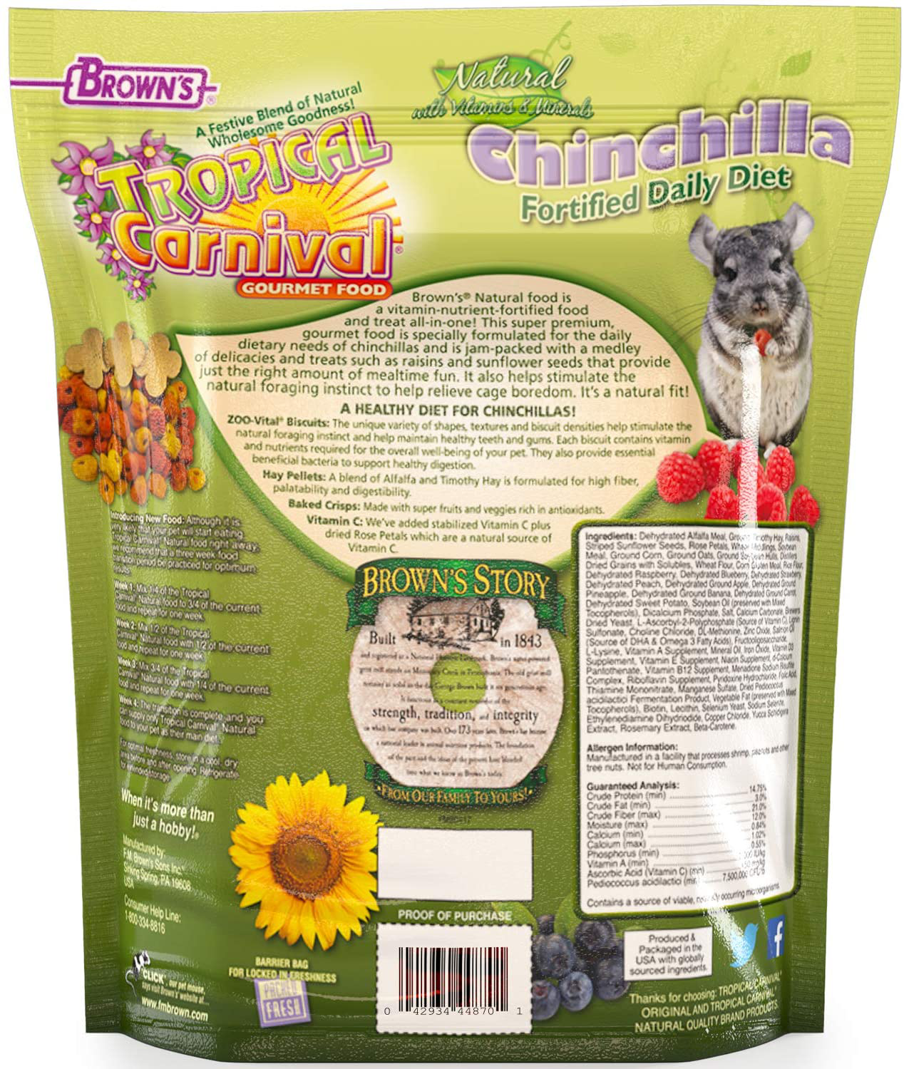 F.M. Brown'S Tropical Carnival Natural Chinchilla Food, 3-Lb Bag - Vitamin-Nutrient Fortified Daily Diet with High Fiber Alfalfa and Timothy Hay Pellets for Optimum Digestion Animals & Pet Supplies > Pet Supplies > Small Animal Supplies > Small Animal Food Tropical Carnival   