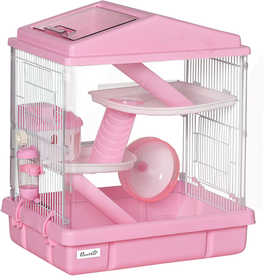 Pawhut Multi-Tier Hamster Cage, Animal Enclosure Starter Kit for Small Pets, Ventilated Steel Wire and Plastic with Exercise Wheel, Food Dish, Water Bottle, Pink Animals & Pet Supplies > Pet Supplies > Small Animal Supplies > Small Animal Habitat Accessories PawHut   