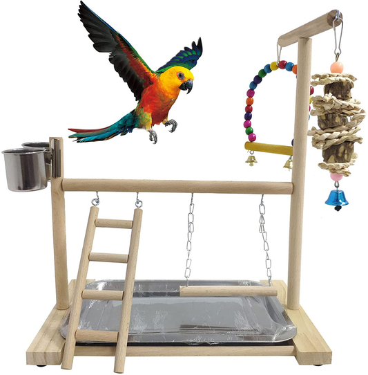 Hamiledyi Bird Playground Parrots Play Stand Natural Wooden Parrot Perch Gym Playpen Pet Parakeet Ladders with Feeder Cups for Cockatoo Conure Cockatiel Cage Accessories Exercise Toy (Include a Tray) Animals & Pet Supplies > Pet Supplies > Bird Supplies > Bird Gyms & Playstands Hamiledyi   