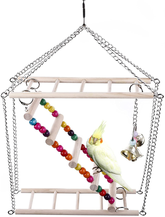 SAWMONG Bird Ladder, Bird Climbing Toys for Parrots, Wooden Bird Perch Bird Exercise Gym with Ladder and Bells for Parakeets Lovebirds Cockatiels and Small Birds