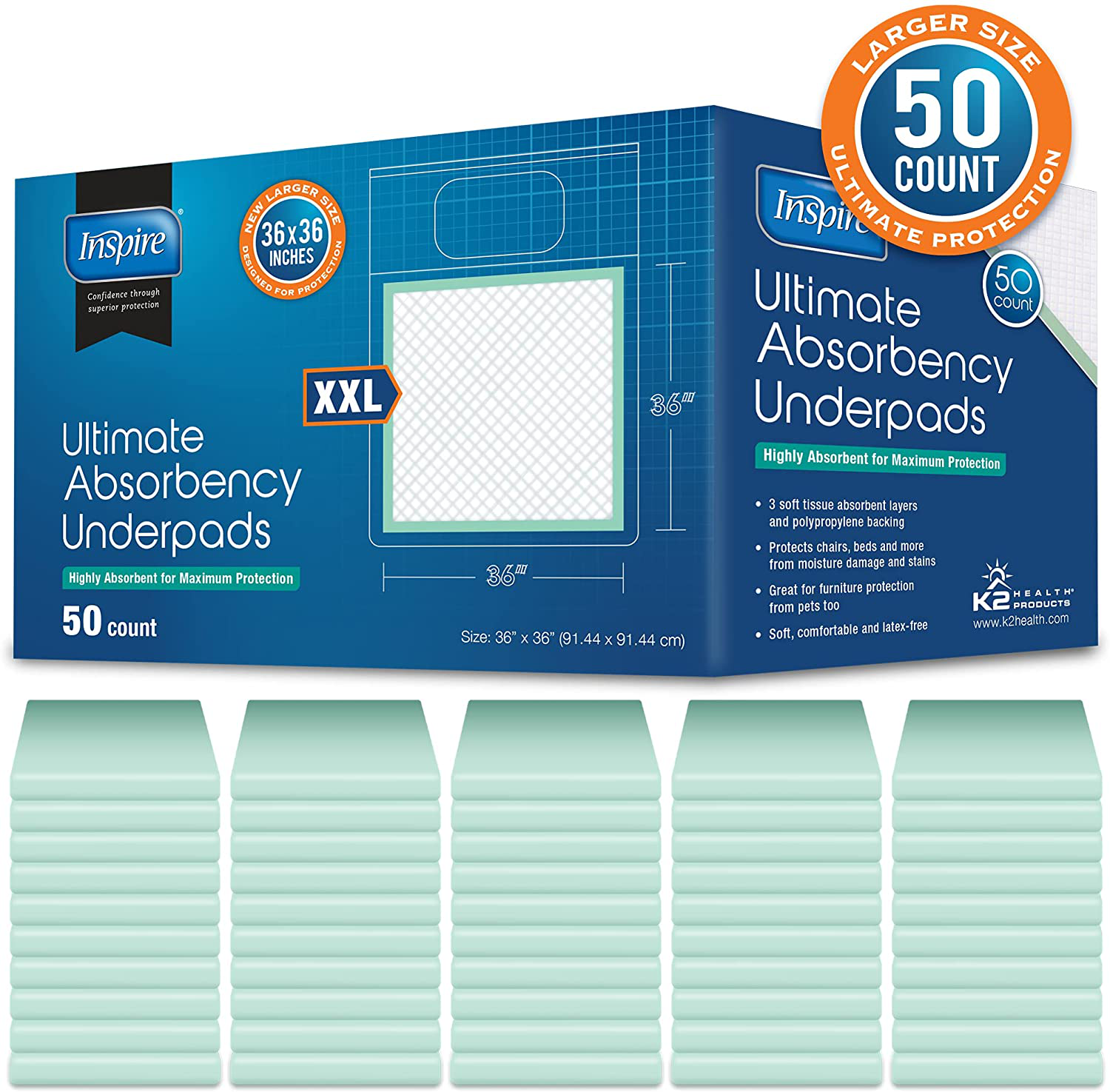 Extra Large Super Absorbent Bed Pads for Incontinence Disposable 36 X 36 Inches | Ultra Thick and Absorbent with Polymer Incontinence Bed Pads and Bed Liner Chucks Pads Disposable Puppy Pads Large Animals & Pet Supplies > Pet Supplies > Dog Supplies > Dog Diaper Pads & Liners Inspire   