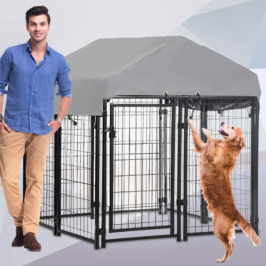 Dkeli Large Dog Kennel Dog Crate Cage, Extra Large Welded Wire Pet Playpen with UV Protection Waterproof Cover and Roof Outdoor Heavy Duty Galvanized Metal Animal Pet Enclosure for Outside Animals & Pet Supplies > Pet Supplies > Dog Supplies > Dog Kennels & Runs Dkeli 4'L x 4'W x 4.3'H  
