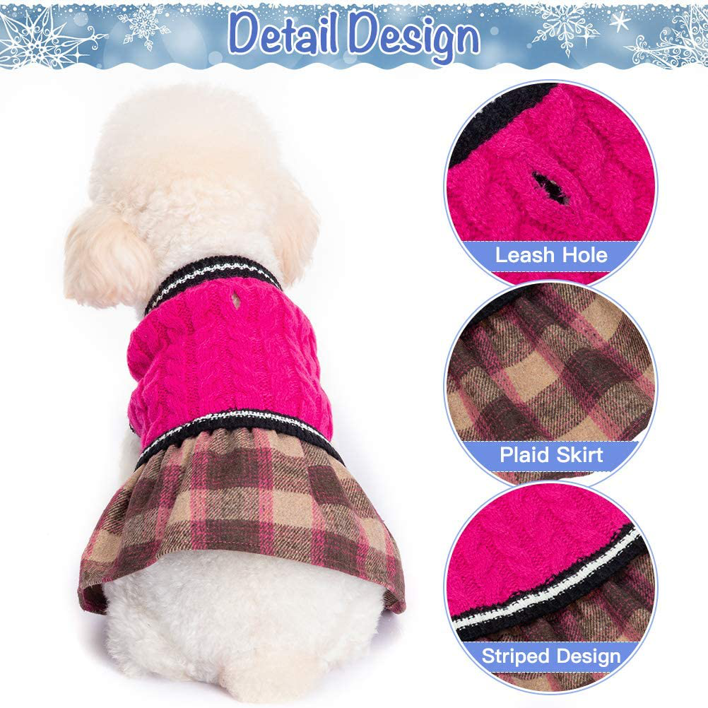 BINGPET Cute Dog Sweater Dress - Warm Pullover Puppy Cat Knit Clothes with Classic Plaid Pattern for Fall Winter