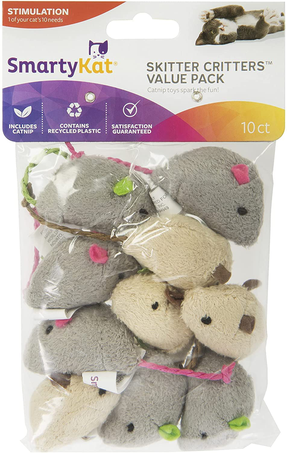 Smartykat Skitter Critters Value Pack (Set of 10) Soft Plush Catnip Cat Toys, Mice Toys with String Tails, Filled with Pure & Potent Catnip Animals & Pet Supplies > Pet Supplies > Cat Supplies > Cat Toys SmartyKat 1 Box (10 Count)  