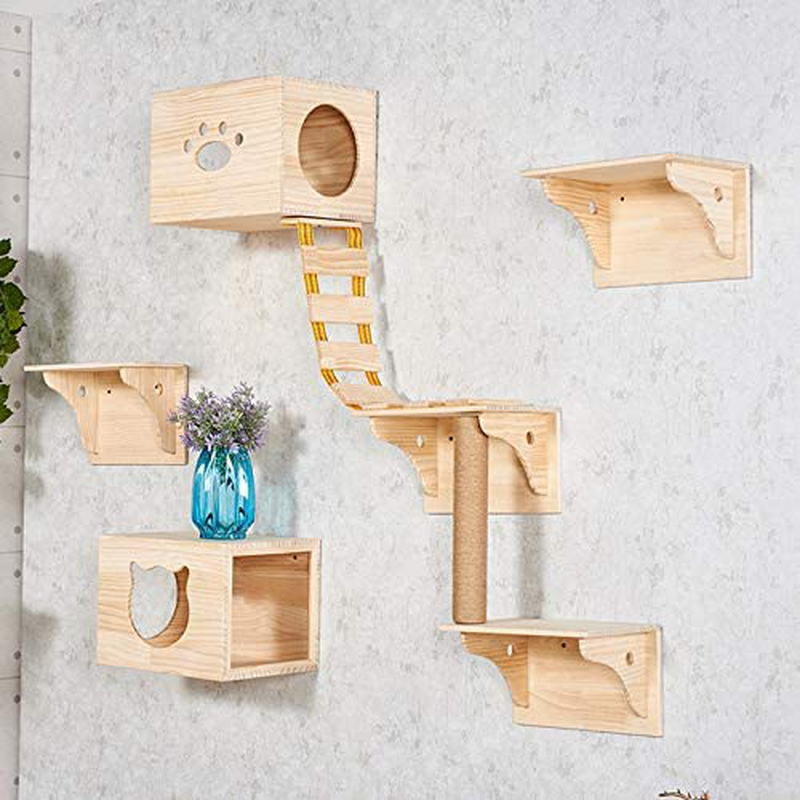 TINTON LIFE 9Pcs Wall Wood Cat Climber Set - 2 Cat Condos Houses & 4 Cat Shelves & 2 Ladders & 1 Sisal Cat Scratching Post Cat Steps Cat Perch Cat Bed Animals & Pet Supplies > Pet Supplies > Cat Supplies > Cat Furniture TINTON LIFE   