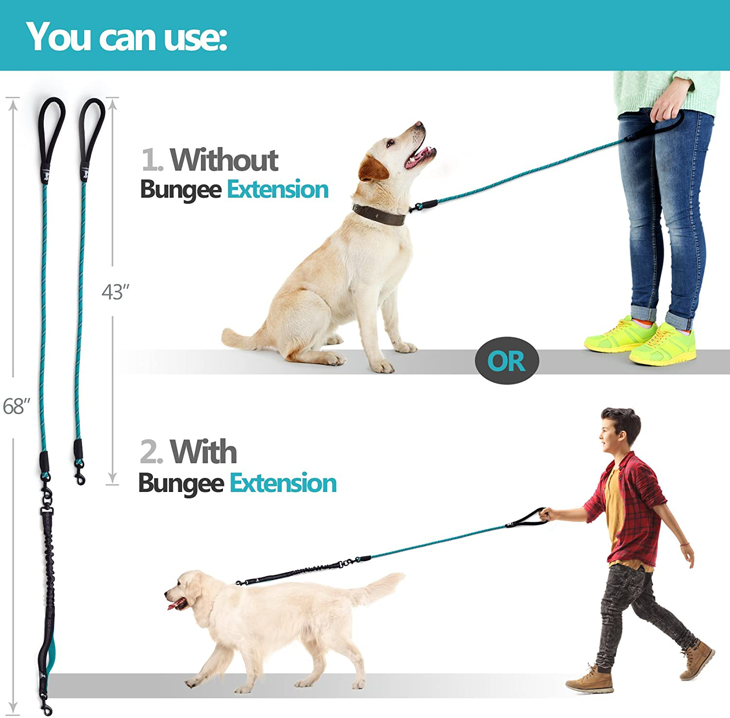 Heavy Duty Rope Bungee Leash for Large and Medium Dogs with Anti-Pull for Shock Absorption - No Slip Reflective Leash for Outside