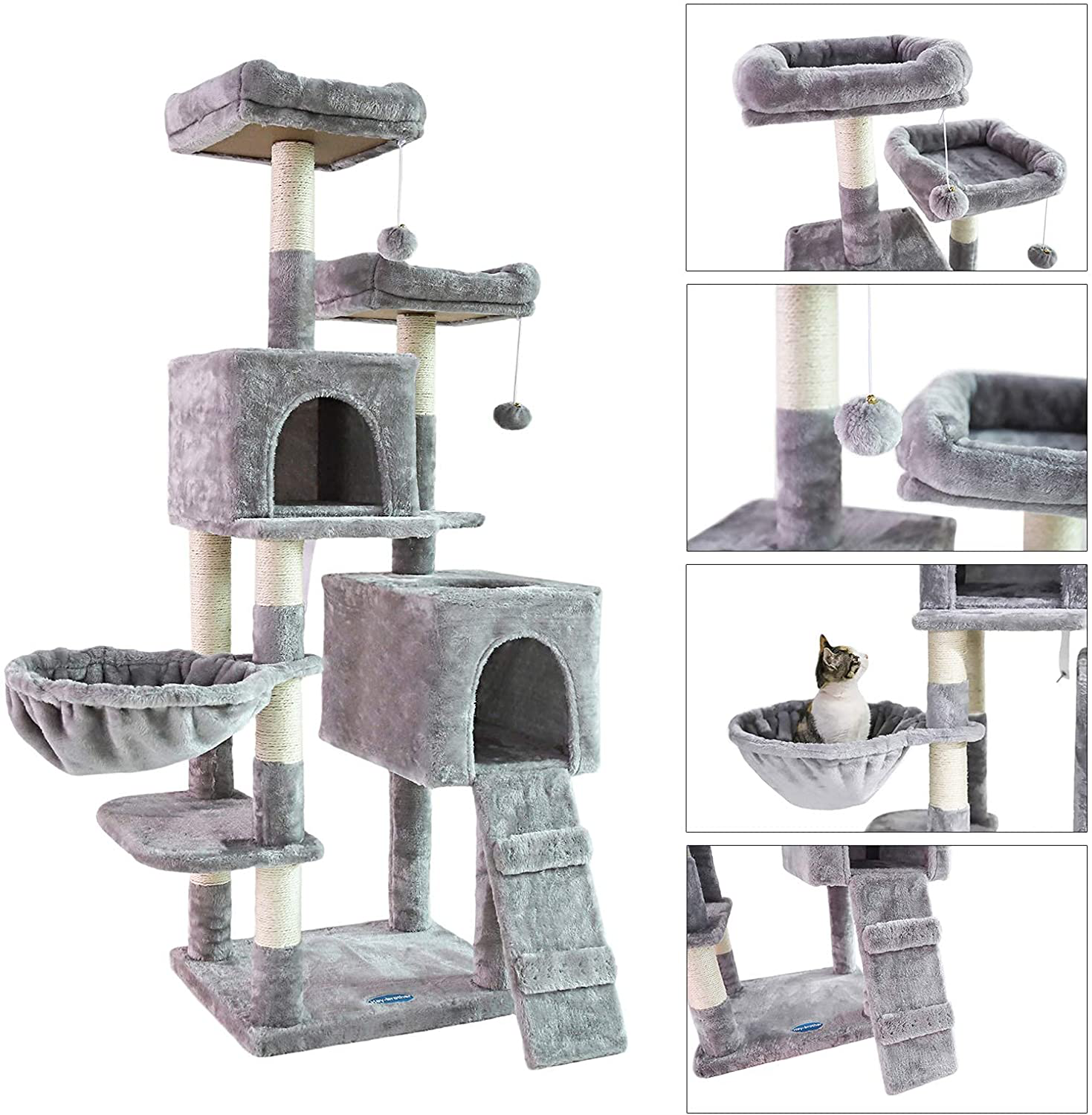 Hey-Brother 58'' Multi-Level Cat Tree Condo Furniture with Sisal-Covered Scratching Posts, 2 Plush Condos, Hammock for Kittens, Cats and Pets