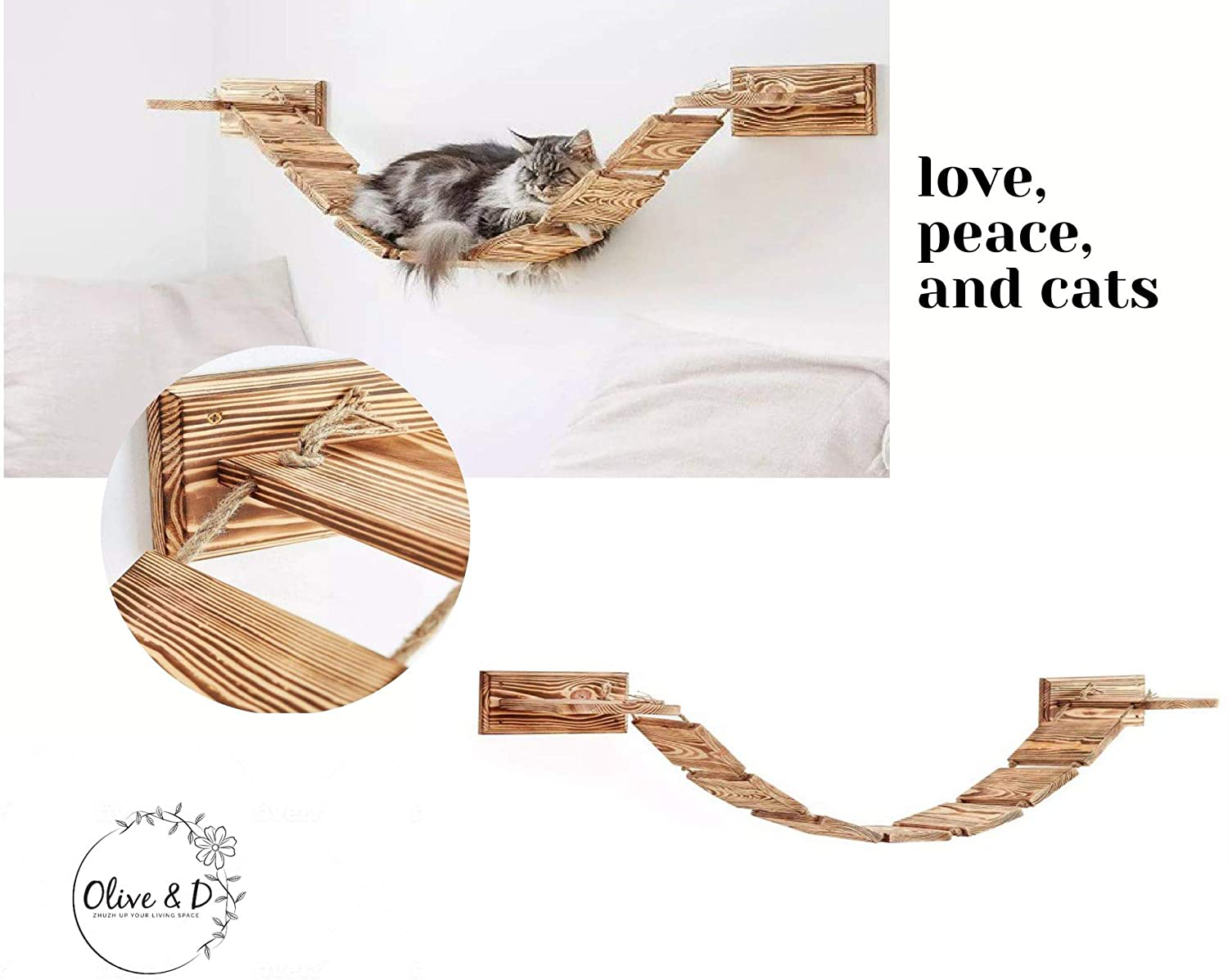 Olive & D Wall Mounted Cat Shelf Curved Perch. Sturdy Wooden Floating Hammock Bridge 56.7 Inches of Handcrafted Natural Pine. Sturdy, Wide Bed, Fully Assembled Easy Install. Animals & Pet Supplies > Pet Supplies > Cat Supplies > Cat Furniture Olive & D   
