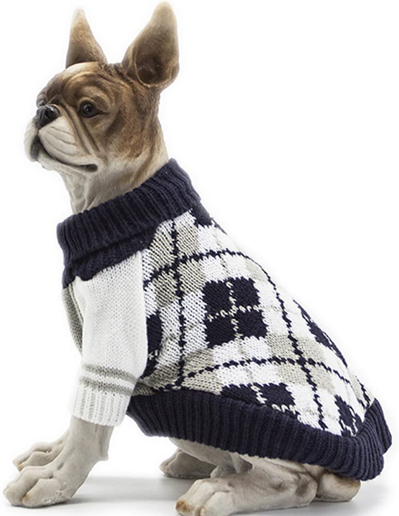 BOBIBI Dog Sweater of the Diamond Plaid Pet Cat Winter Knitwear Warm Clothes,Orange,Small Animals & Pet Supplies > Pet Supplies > Dog Supplies > Dog Apparel BOBIBI Navy X-Small(Back Length 8") 