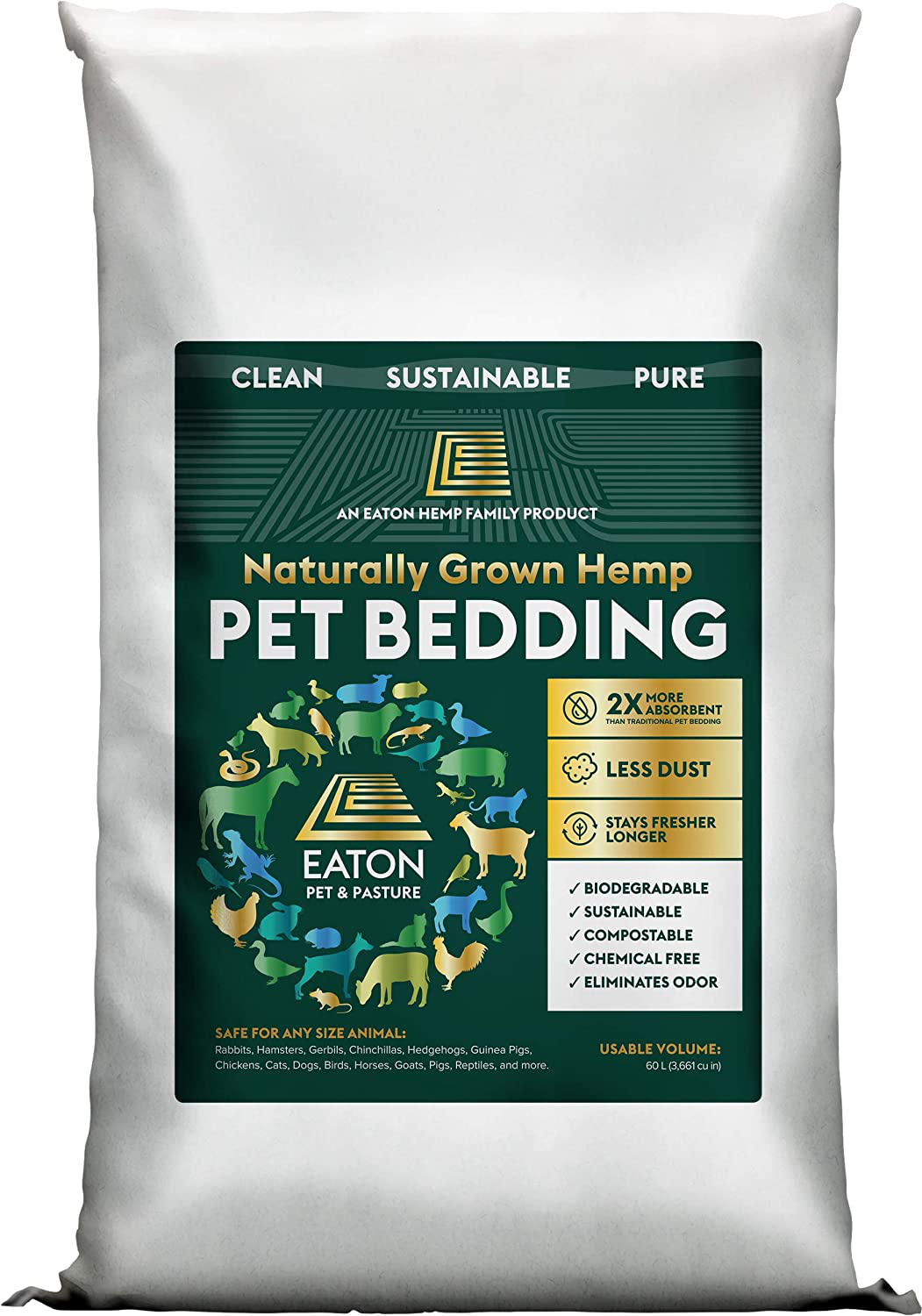Eaton Pet and Pasture, Naturally Grown Hemp Pet Bedding for Chicken Coop, Nesting Boxes, Rabbits, Hamsters, Small Pets, Horses, Highly Absorbent and Hypoallergenic, Eco-Friendly, Farmer Owned