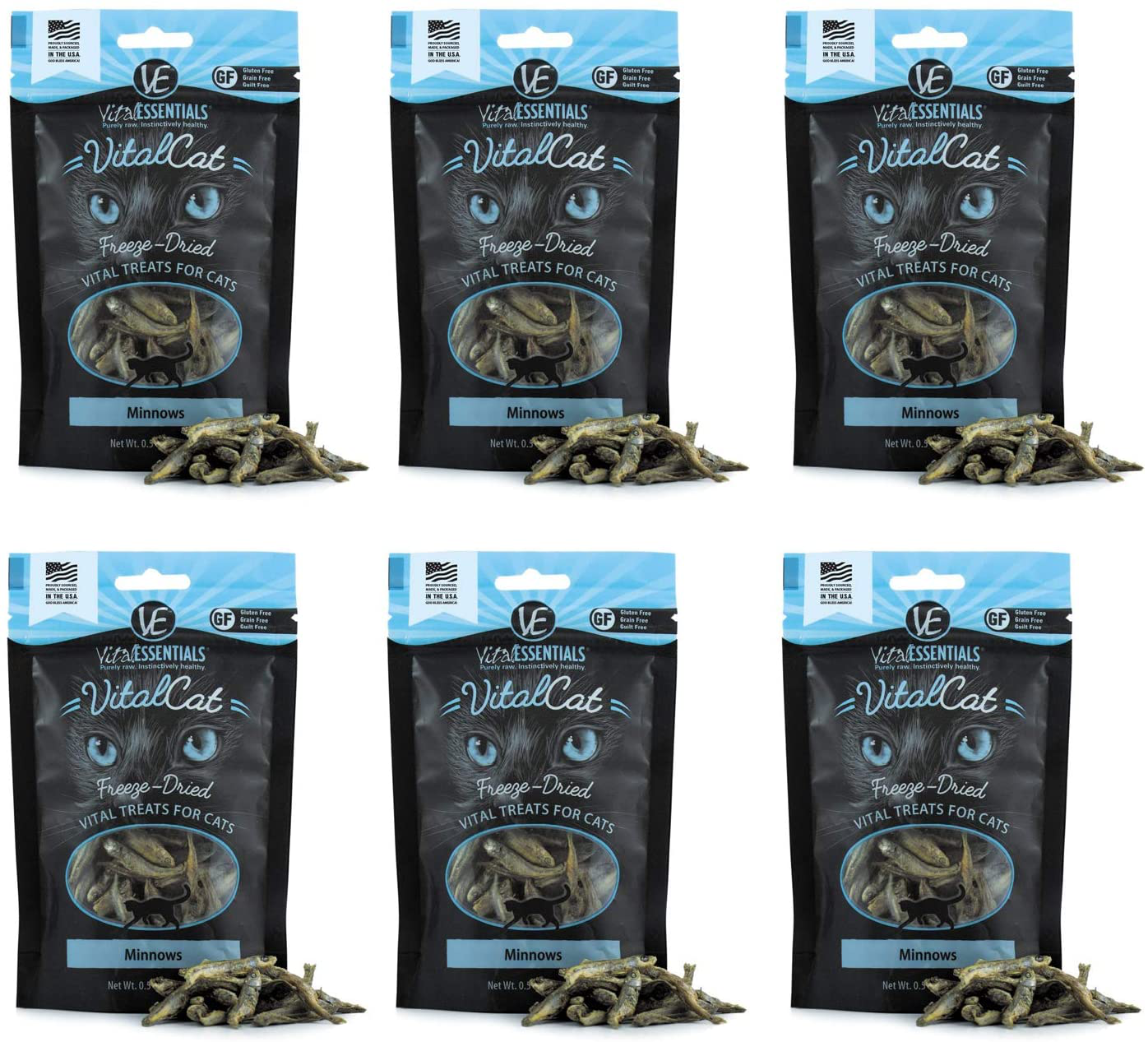 Vital Cat 6 Pack Freeze-Dried Minnows Grain Free Limited Ingredient Cat Treats - 0.5 Ounce Each Bag