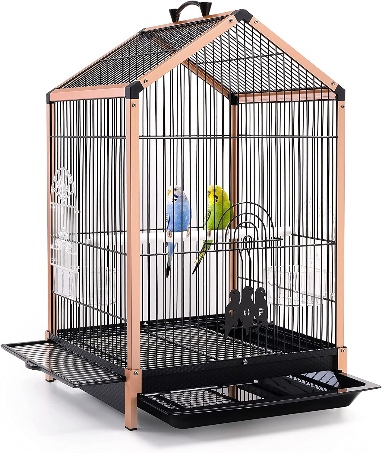 Apebettrel 19 Inch Bird Cage for Small Bird, Aluminum Alloy Frame Portable Bird Travel Carrier for Small Parrot, Lovebirds, with Sliding Iron Door/Bird Bath Tray/2 Feeders/2 Windows Animals & Pet Supplies > Pet Supplies > Bird Supplies > Bird Cage Accessories Apebettrel Triangular Roof(Smaller Space,But Portable)  