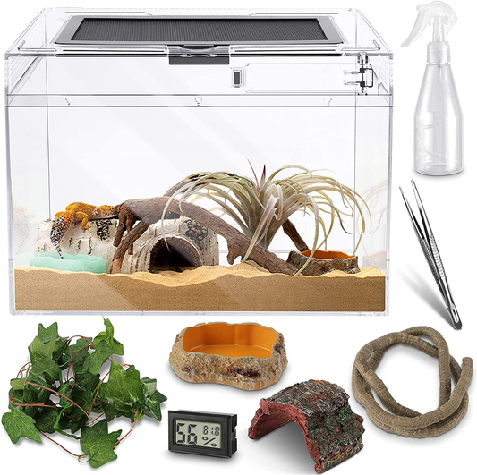 Reptile PC Glass Terrarium - Amphibians Tank Starter Kits, Acrylic anti Breakage 12X9X7 Inch, Top Sliding Door Screen Ventilation Mini Habitat Cages, Hygrometer, Hide Cave, Vines, Tweezer, Sprayer Animals & Pet Supplies > Pet Supplies > Small Animal Supplies > Small Animal Habitat Accessories HELIME   