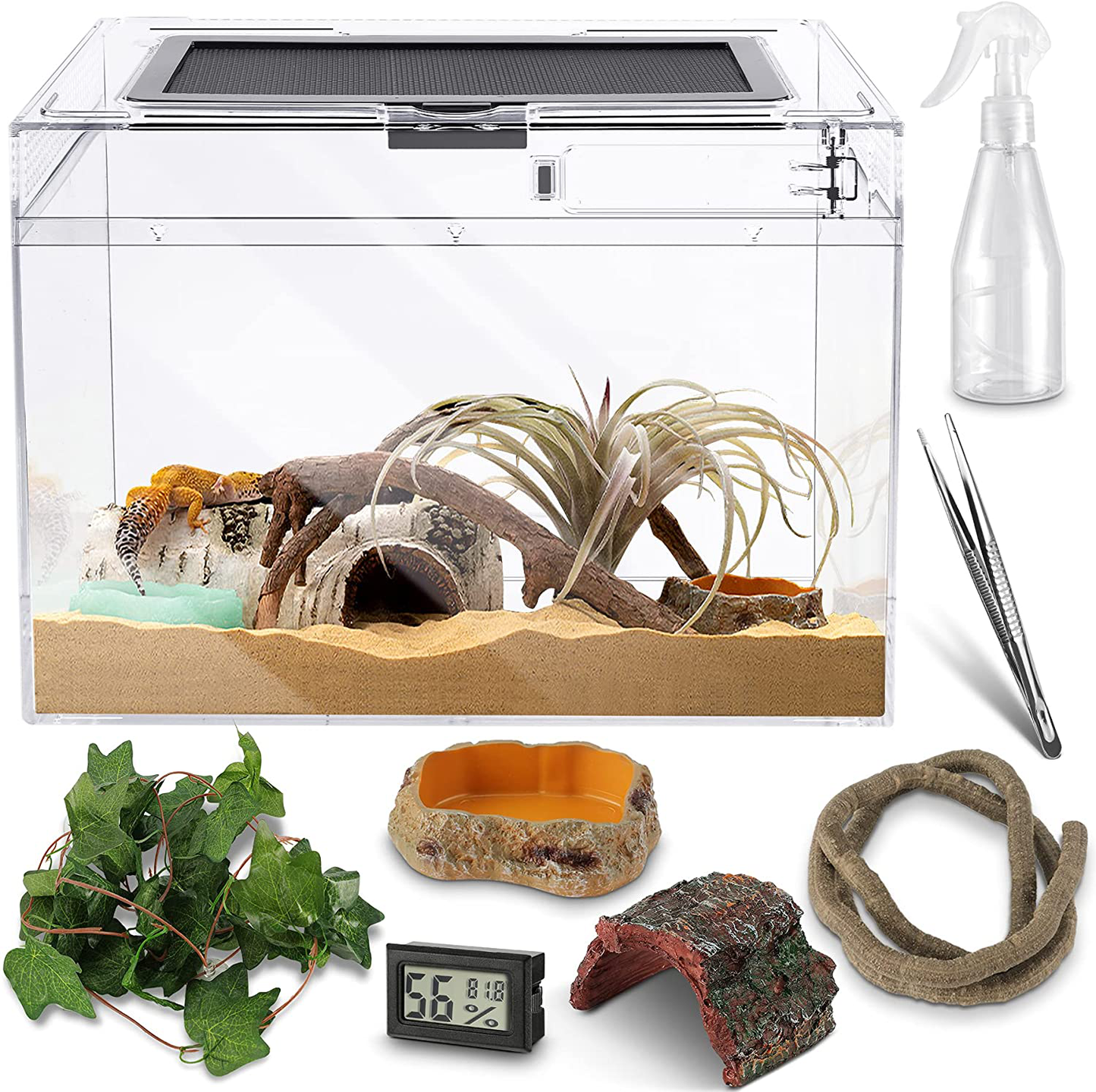 Reptile PC Glass Terrarium - Amphibians Tank Starter Kits, Acrylic anti Breakage 12X9X7 Inch, Top Sliding Door Screen Ventilation Mini Habitat Cages, Hygrometer, Hide Cave, Vines, Tweezer, Sprayer