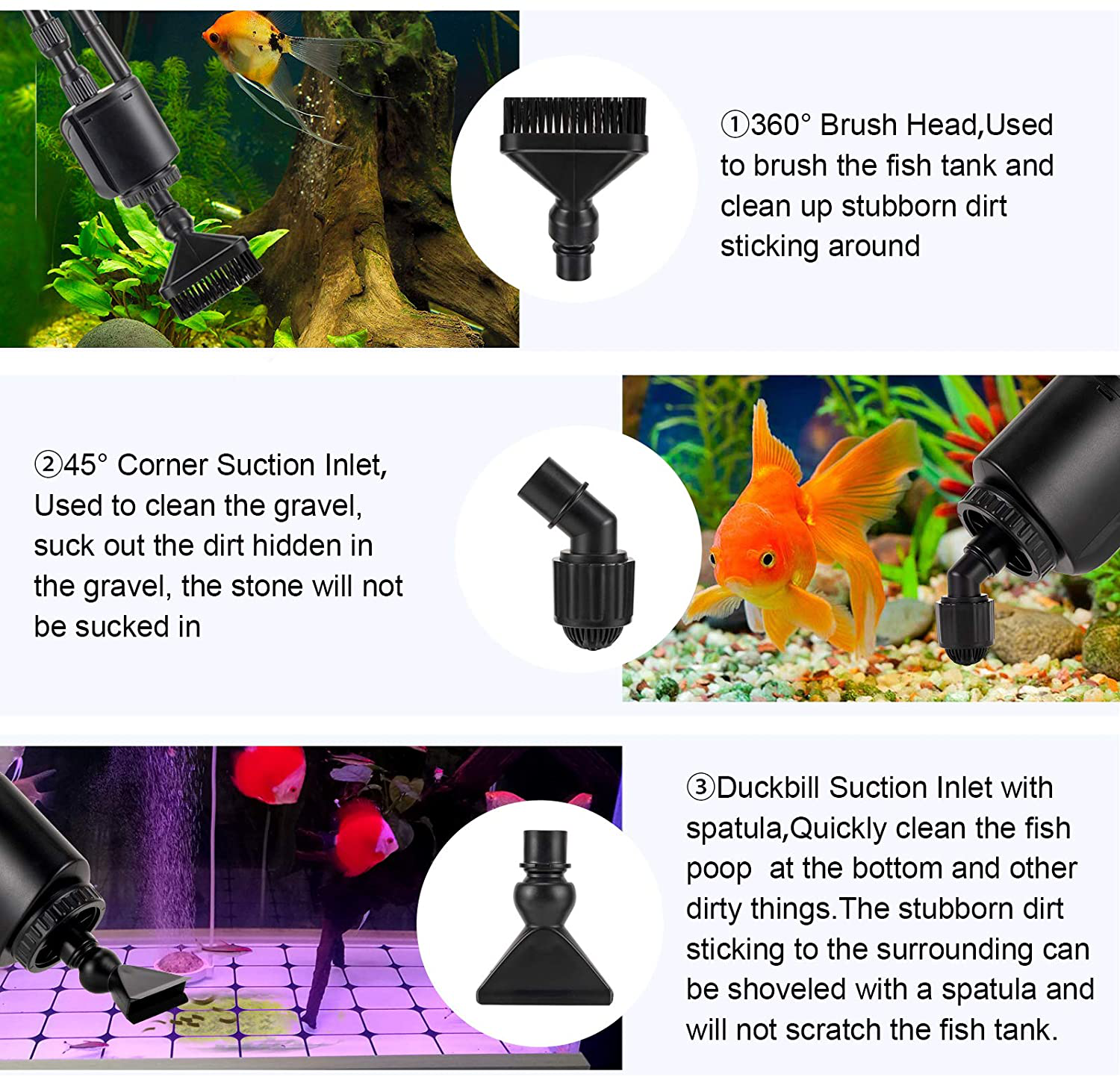 AQQA Aquarium Gravel Cleaner Siphon Kit,6 in 1 Electric Automatic Removable Vacuum Water Changer，Multifunction Wash Sand Suck the Stool Filter 110V/20W 320GPH