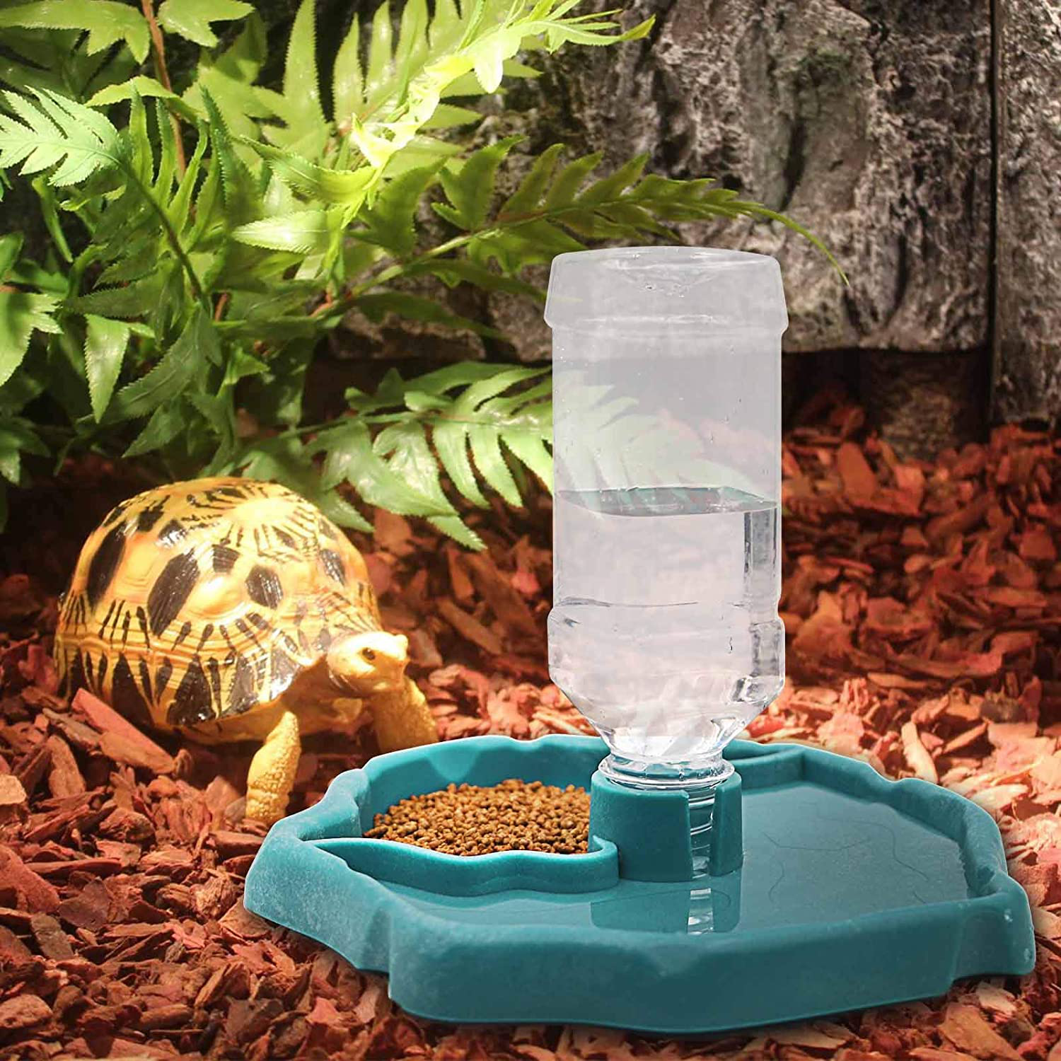 MACGOAL Automatic Reptile Feeder Reptile Food and Water Dish Bowl Reptile Water Dish with Bottle Tortoise Turtle Water Dispenser for Bearded Dragon Gecko Lizard (Blue)