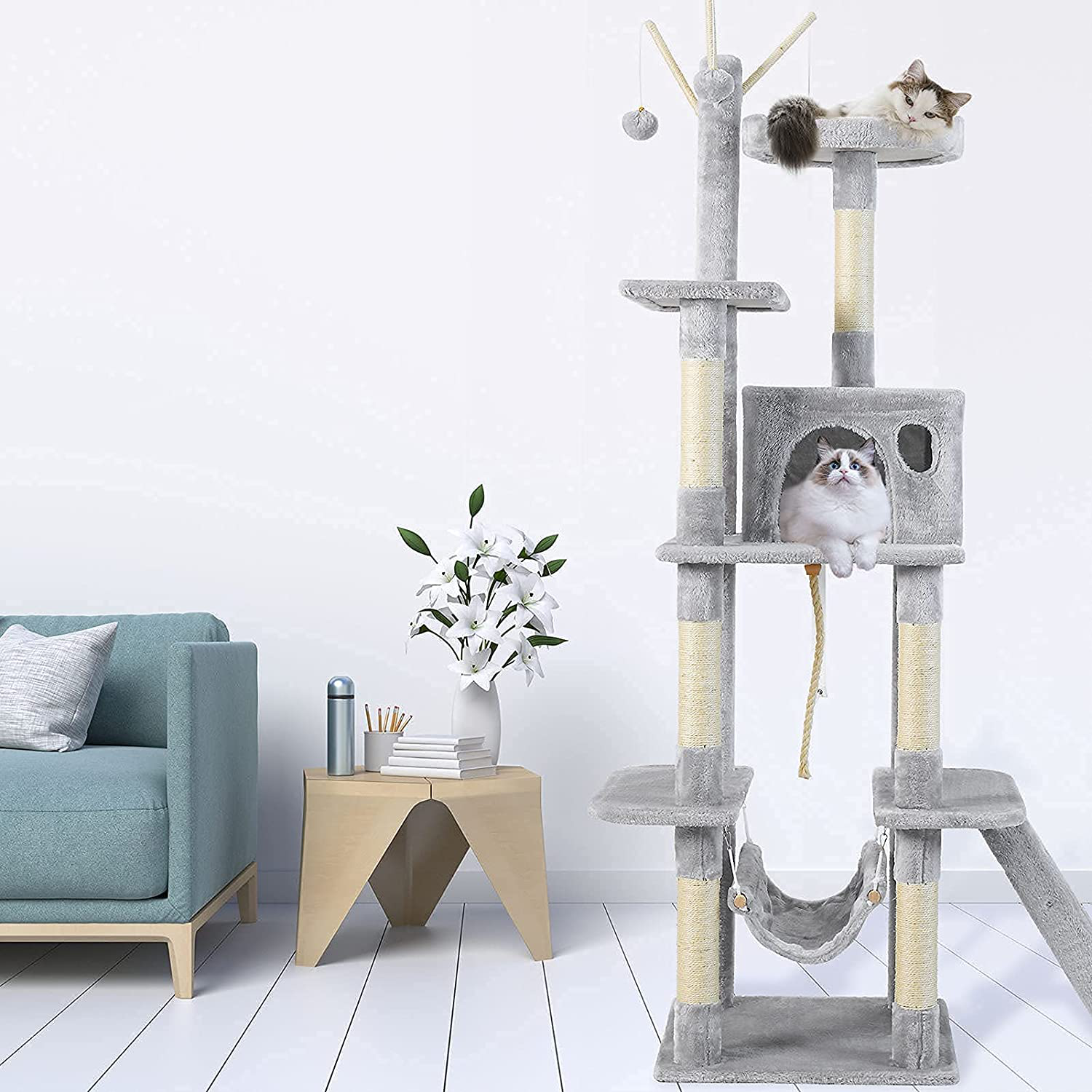 JOYO Cat Tree for Indoor Cats, 65.5 Inches Multi-Level Cat Tower Cat Tree with Hammock, Scratching Posts, Top Perch, Ladder, Cat Activity Tree Cat Condo with Toys, Cat Climbing Tower for Kitten Play Animals & Pet Supplies > Pet Supplies > Cat Supplies > Cat Furniture JOYO   