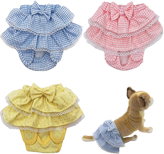 Funnydogclothes Dog Skirt Diaper Female Sanitary Pant Dress Ruffles Cotton Small Pet Cat Animals & Pet Supplies > Pet Supplies > Dog Supplies > Dog Diaper Pads & Liners FUNNYDOGCLOTHES PACK of 3 Colors SMALL: Waist 6" - 8" 
