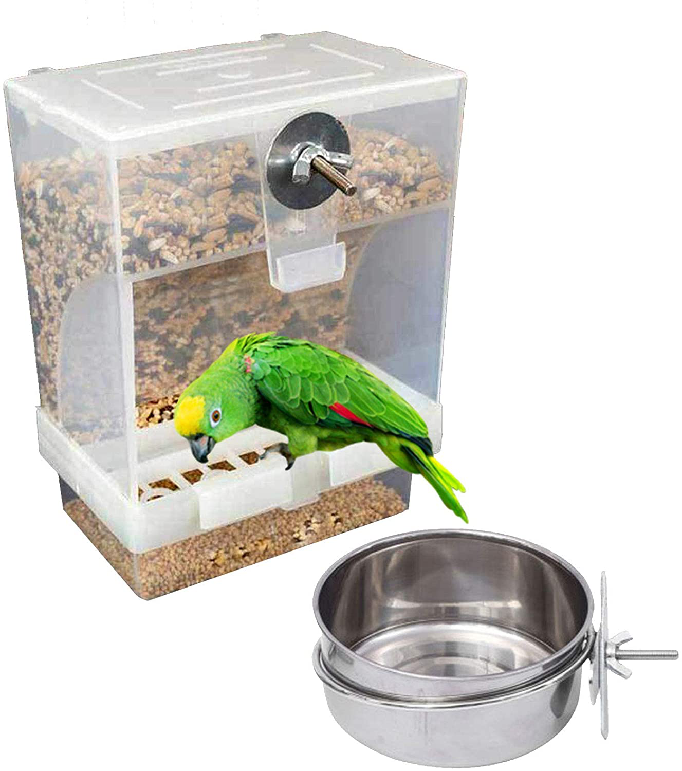 Kathson Parrot Automatic Feeder, No-Mess Bird Feeder with Stainless Steel Bowl Cage Accessories for Parakeet Canary Cockatiel Finch Lovebirds Seed Food Container Animals & Pet Supplies > Pet Supplies > Bird Supplies > Bird Cage Accessories kathson   