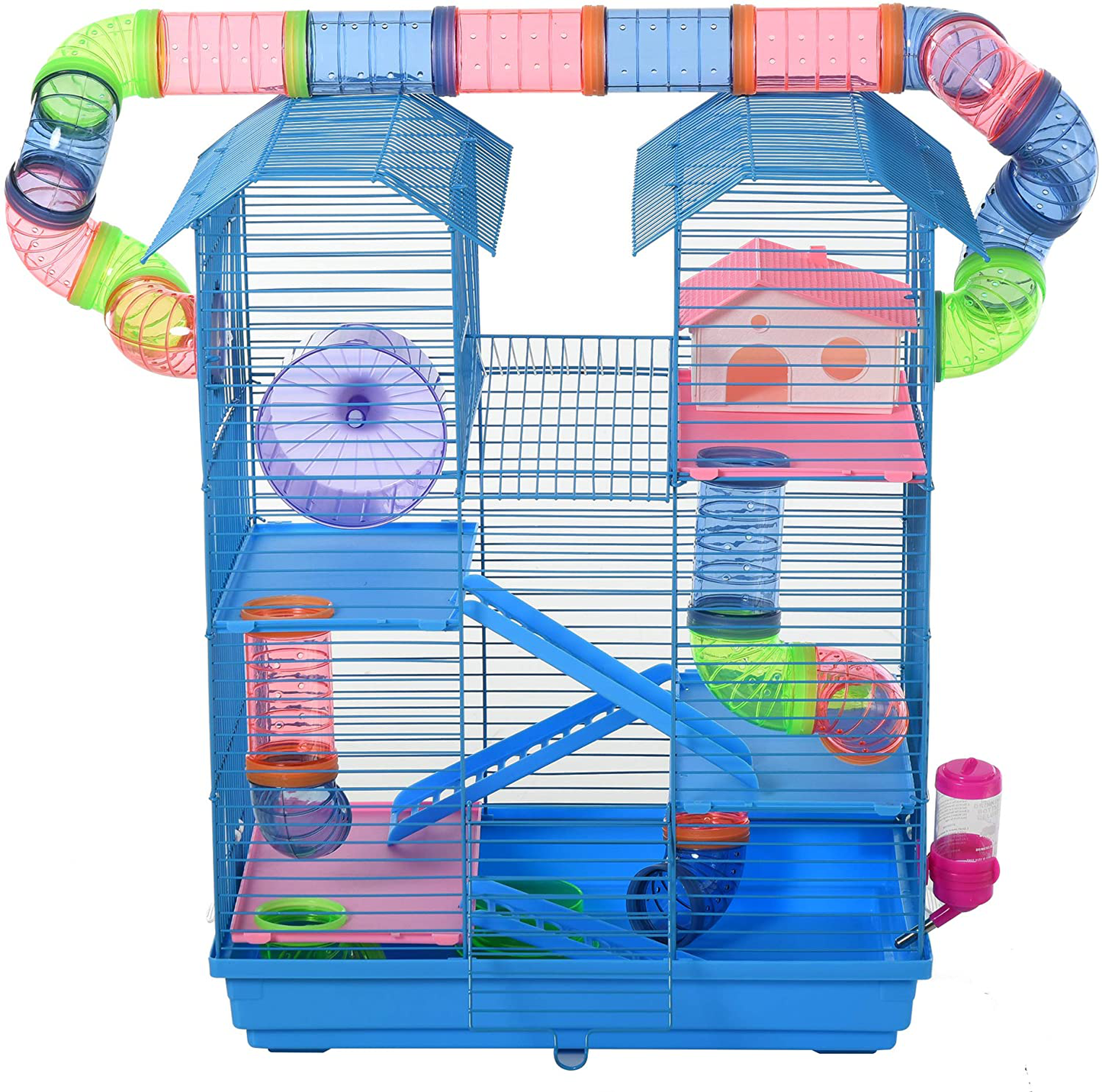 Pawhut 5 Tiers Hamster Cage Small Animal Rat House with Exercise Wheels, Tube Water Bottles, and Ladder, Blue Animals & Pet Supplies > Pet Supplies > Small Animal Supplies > Small Animal Habitat Accessories Aosom LLC   