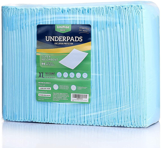 Unifree Disposable Underpads, Bed Pads, Incontinence Pad, Super Absorbent, 50 Count, Blue (XL 30X36 Inch) Animals & Pet Supplies > Pet Supplies > Dog Supplies > Dog Diaper Pads & Liners UNIFREE Disposable X-Large (Pack of 50) 