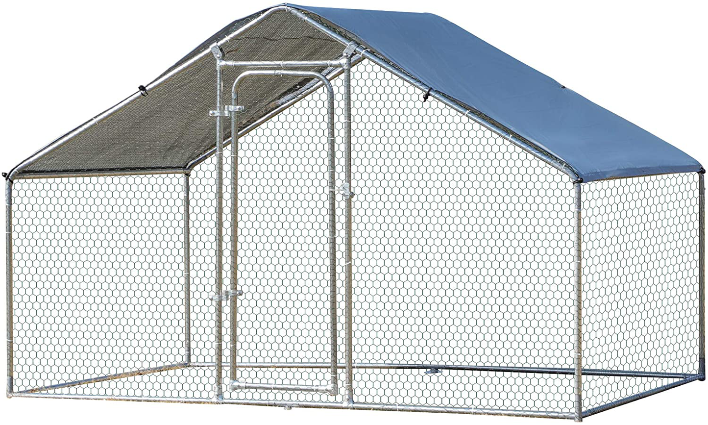 Pawhut Galvanized Large Metal Chicken Coop Cage Walk-In Enclosure Poultry Hen Run House Playpen Rabbit Hutch UV & Water Resistant Cover for Outdoor Backyard