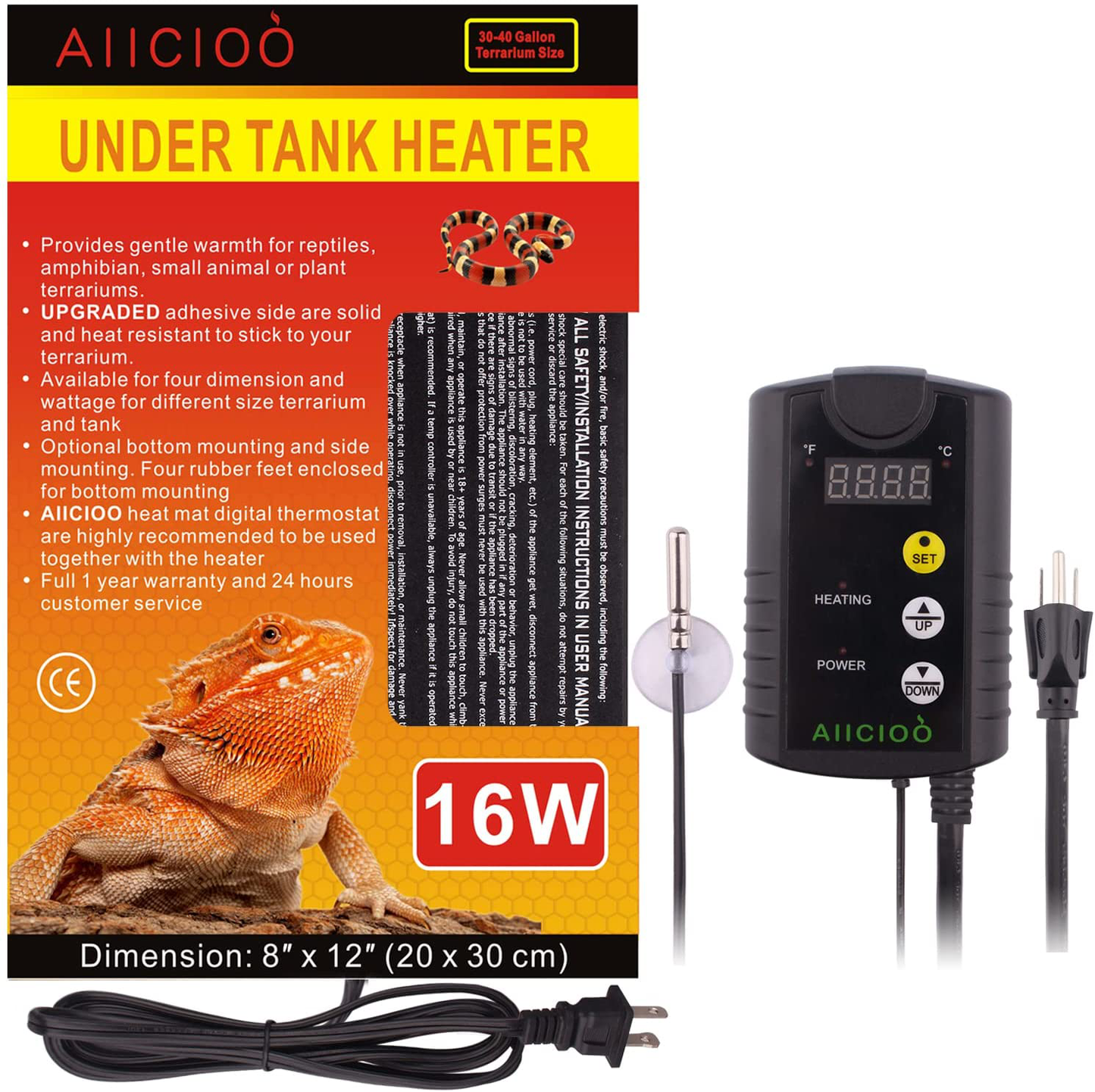 Aiicioo under Tank Heater Thermostat - Reptile Heating Pad with Temperature Control Reptile Heat Mat for Combo Set for Hermit Crab Lizard Terrarium