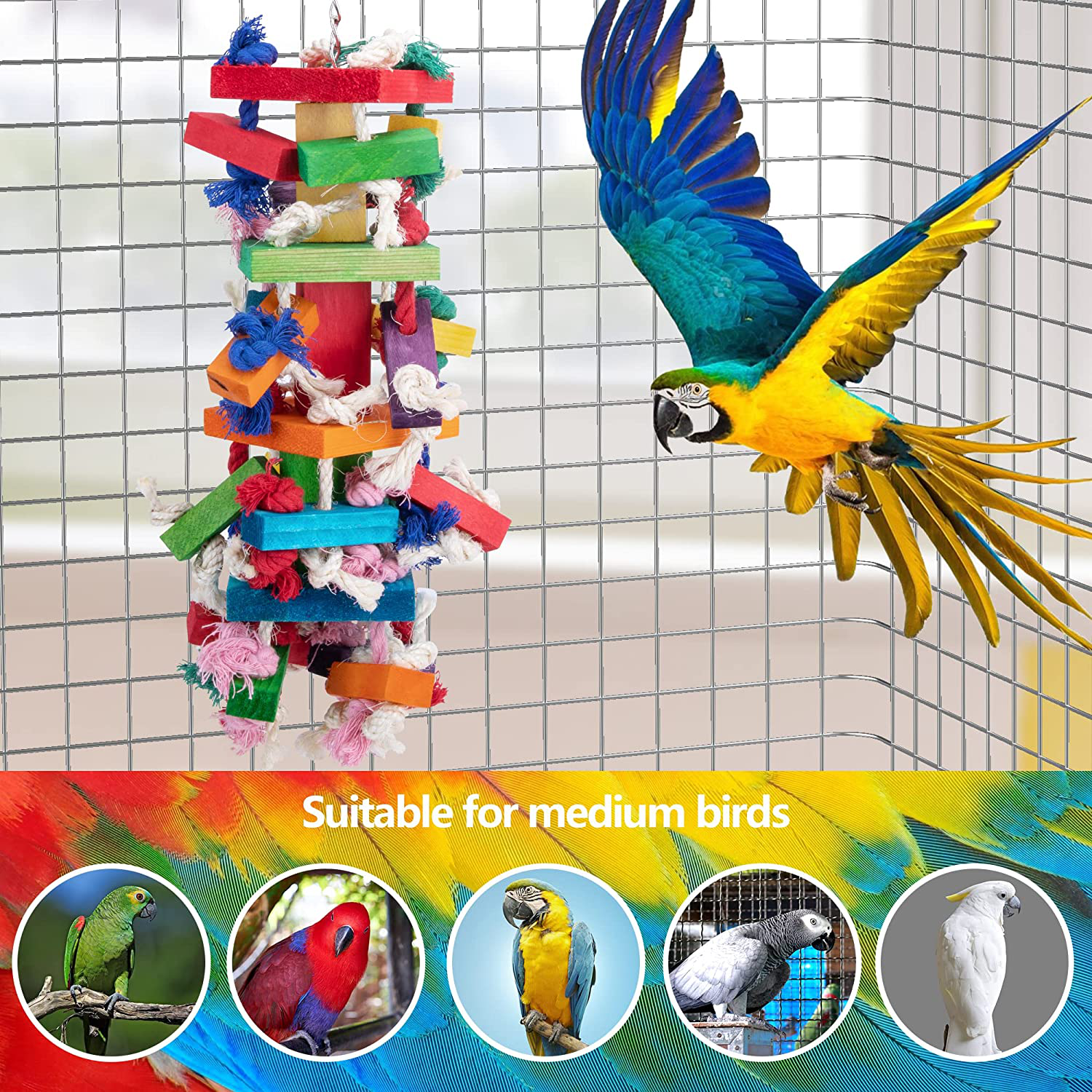 Deloky Bird Block Knots Tearing Toy -19.7 Inch Multicolored Natural Wooden Parrot Chewing Toy Suggested for Macaws Cokatoos,African Grey and a Variety of Amazon Parrots.(Large Size) Animals & Pet Supplies > Pet Supplies > Bird Supplies > Bird Toys Deloky   